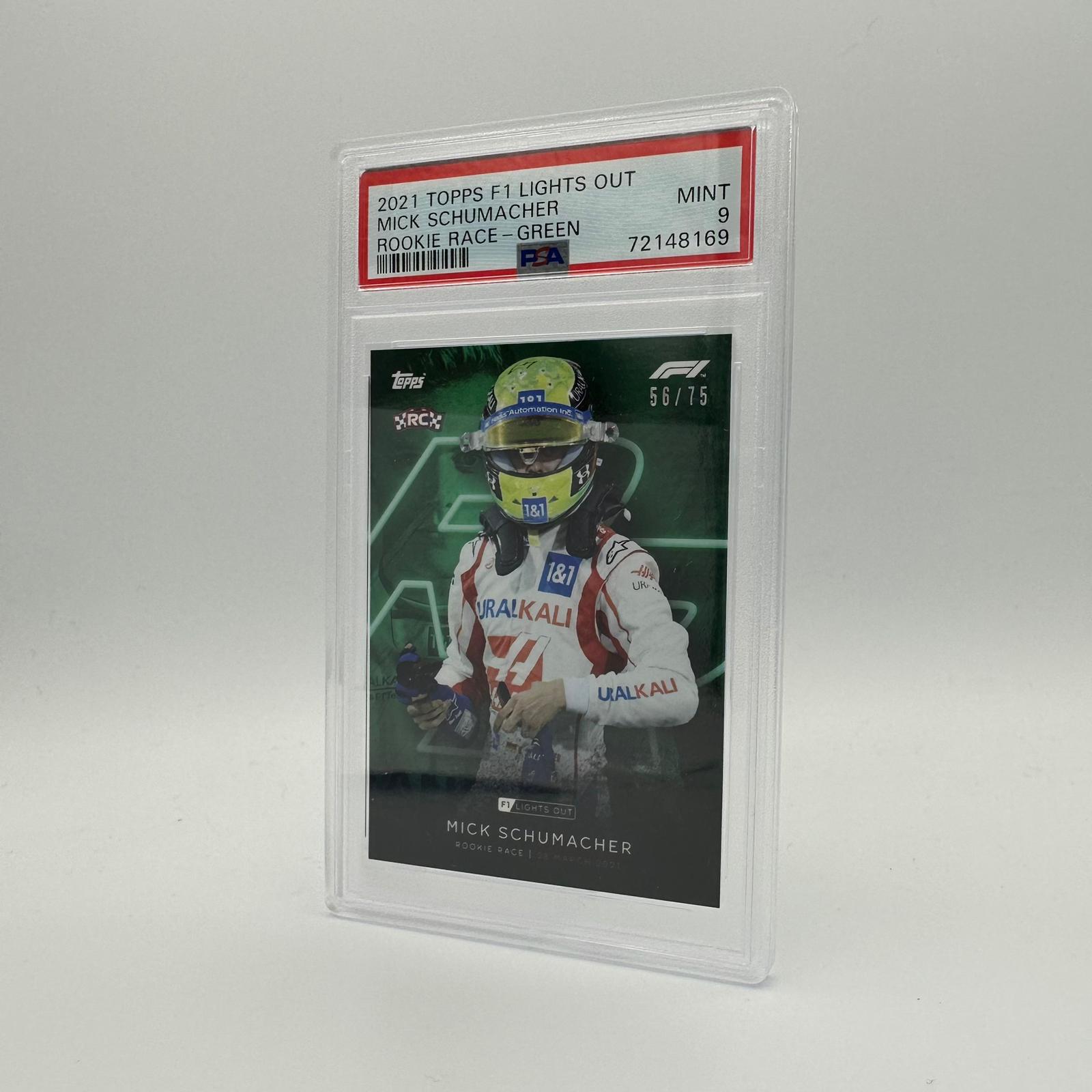 PSA 9 Graded 56/75 Mick Schumacher Rookie Race Green Parallel - Collectible Racing Card for Fans & Investors - Perfect for Display, Trading, and Memorabilia Collections