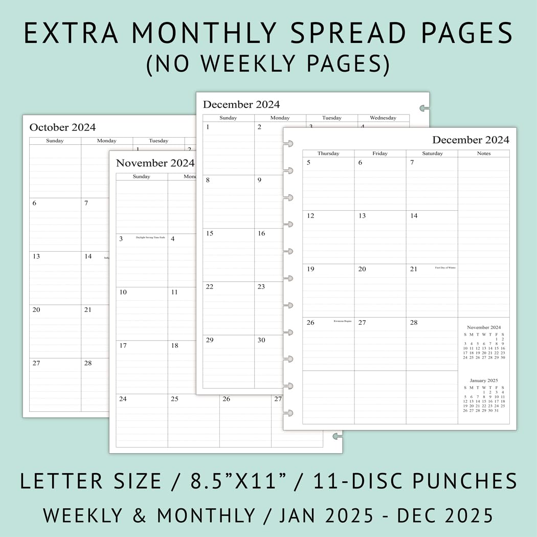 2025 Weekly Planner Refills for 11-Discbound Notebooks - Monthly Tabs, Letter Size 8.5