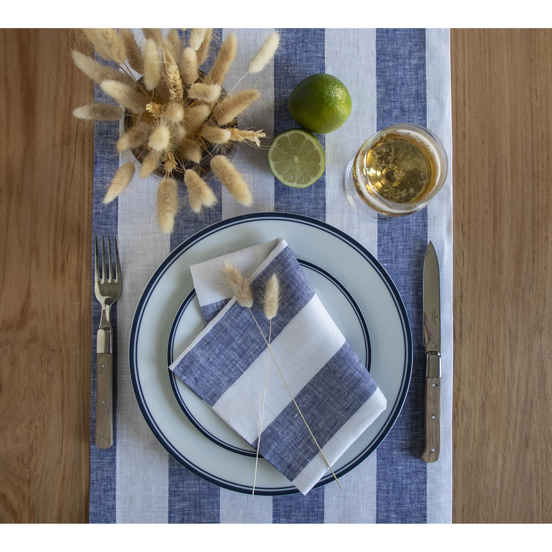 Solino Home 100% Pure Linen Table Runner - 14 x 60 Inch Navy & White Cabana Stripe - Elegant Dining Table Decor for Spring, Easter, Mother's Day - Perfect for Coffee Tables, Dressers & Holiday Decorations