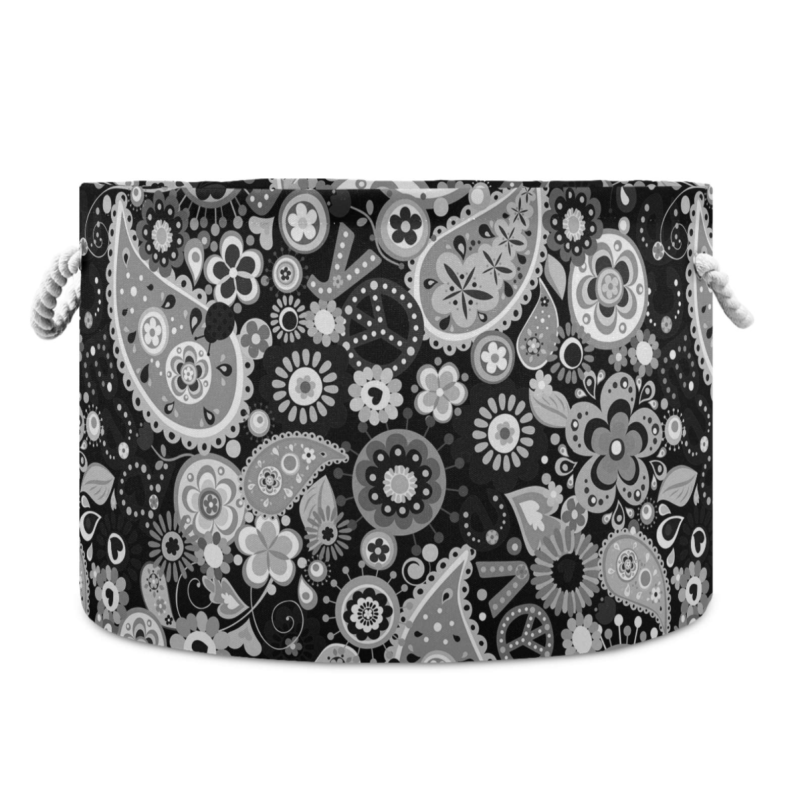 Collapsible Waterproof Laundry Hamper - Large Round Storage Basket with Handles | Paisley Peace Sign Design in Black & White | Perfect for Nursery, Bedroom Closet, Toy Organization & Gift Giving | Durable Baby Clothes Bin & Household Organizer