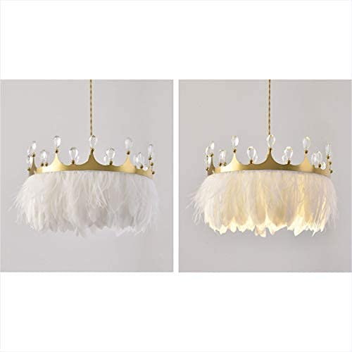 Modern White Feather Pendant Lamp with Gold Crown Crystal Chandelier - Adjustable Flexible Wire Ceiling Light for Living Room, Bedroom, Nursery & Bar Decor (21.7 inch/55cm) - Elegant Lighting Fixture for Home, Restaurant & Commercial Spaces