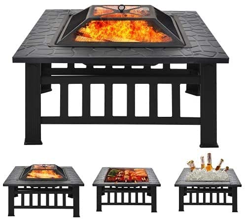32 Inch Square Fire Pit Table - Outdoor Metal Fireplace for Backyard, Patio & Garden | Multifunctional Heating & BBQ Stove for Camping, Bonfires & Picnics | Weather-Resistant Black Firepit for Year-Round Use