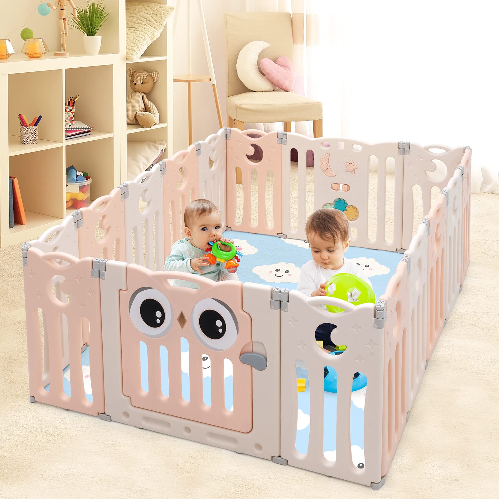HONEY JOY 16-Panel Baby Playpen with Anti-Slip Base & Lockable Door - Owl Design Play Yard for Toddlers, Indoor Safety Play Area for Boys & Girls (Pink) - Perfect for Home, Nursery, Daycare & Playtime Safety