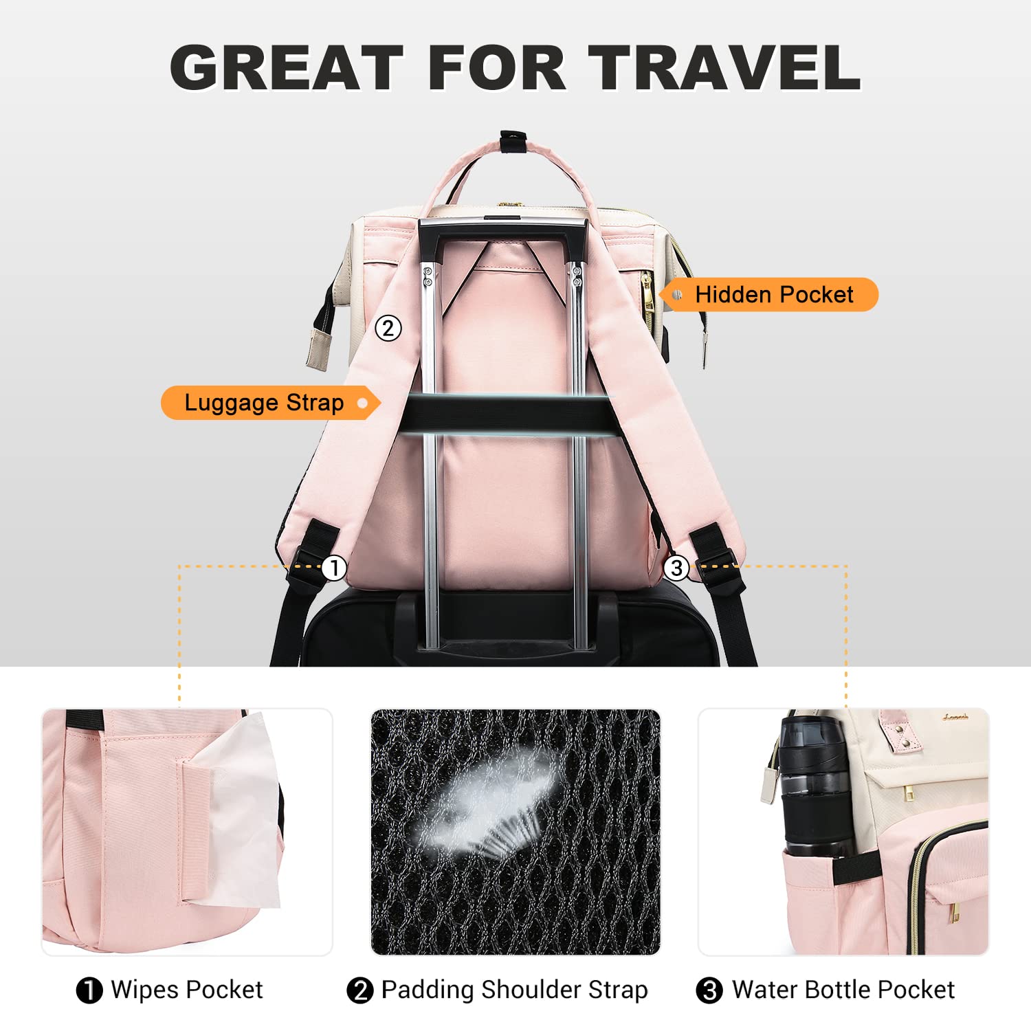 LOVEVOOK 17-inch Laptop Backpack for Women - Large Capacity Fashion Work Computer Bag, Travel & Business Backpack for Professionals, Nurse & Doctor Backpack (Beige-Pink) - Perfect for Office, School, Commuting & Travel