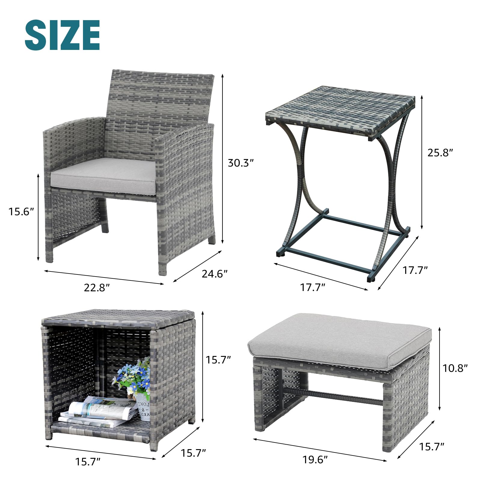 OC Orange-Casual 6-Piece Patio Furniture Set with Ottoman - Outdoor Grey Wicker Chairs & Coffee Table - Balcony Conversation Set for Apartments - Light Grey - Perfect for Backyard Relaxation, Poolside Lounging & Small Space Outdoor Living