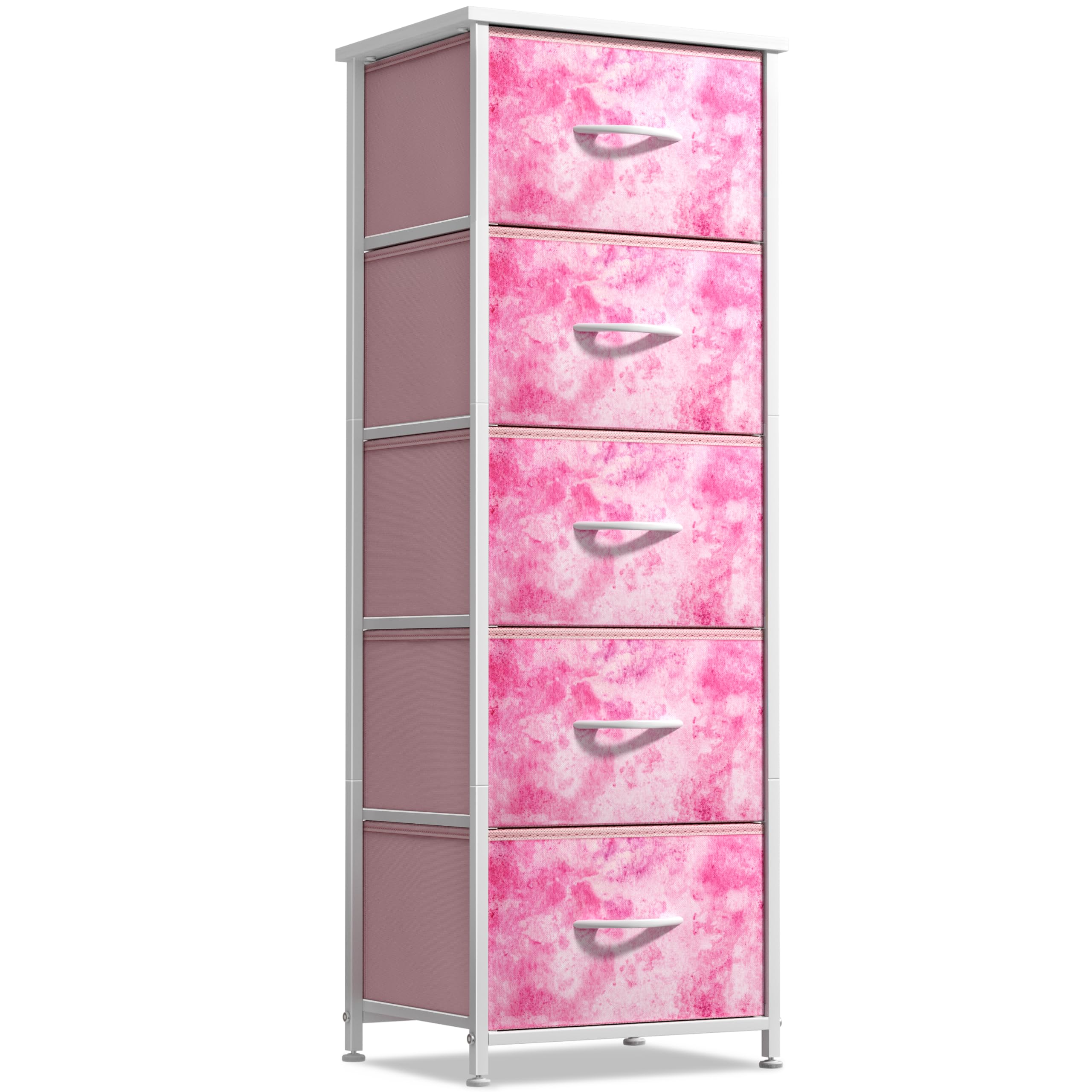 Sorbus 5-Drawer Fabric Dresser for Kids - Tall Storage Tower with Steel Frame & Wood Handles, Tie-Dye Pink - Perfect for Bedroom, Closet, Playroom & Nursery Organization