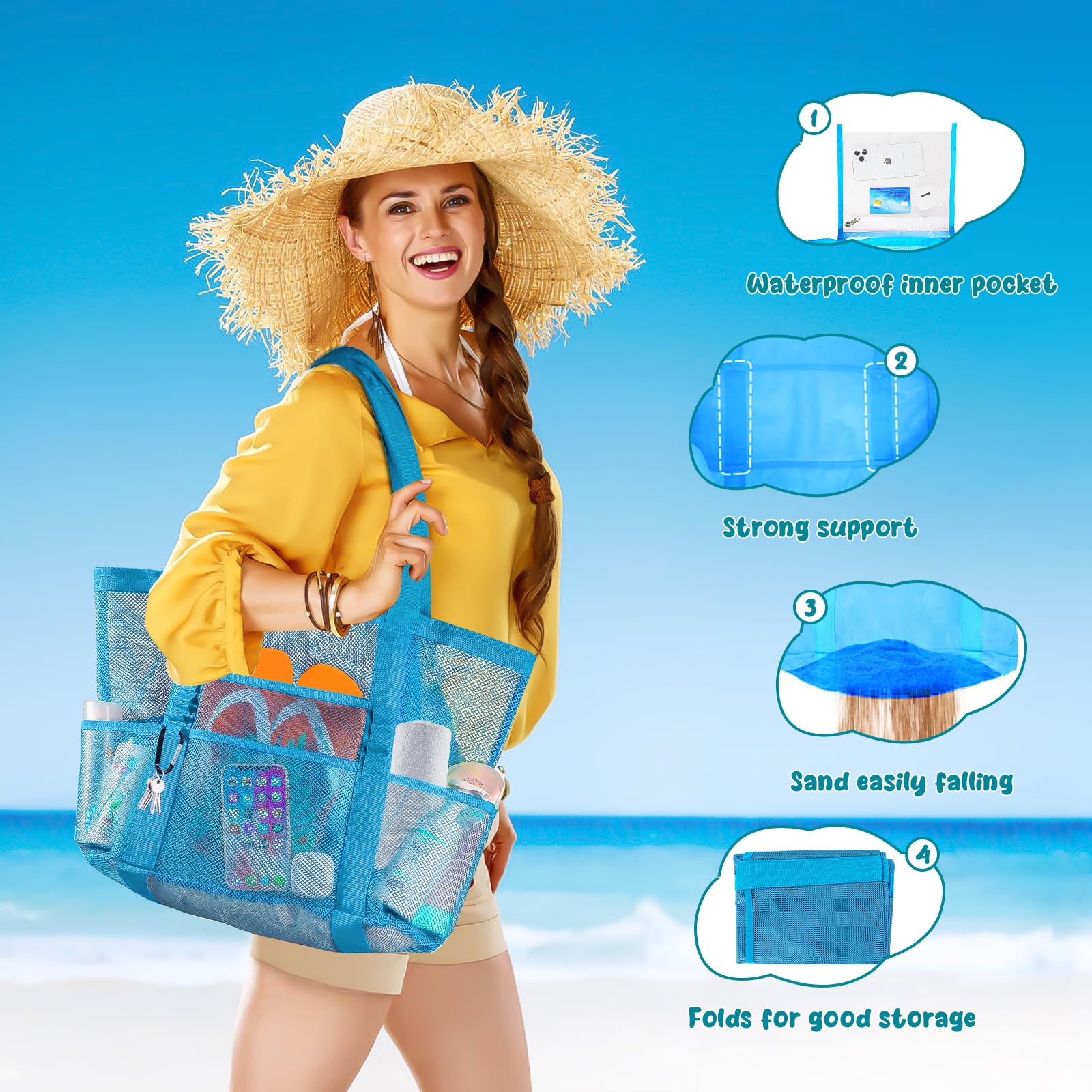 TRSODD Large Mesh Beach Bag for Women with 8 Pockets & Inner Pocket - Waterproof Sandproof Pool Bag for Toys & Beach Accessories (Green) - Perfect for Swimming, Vacation & Summer Outings