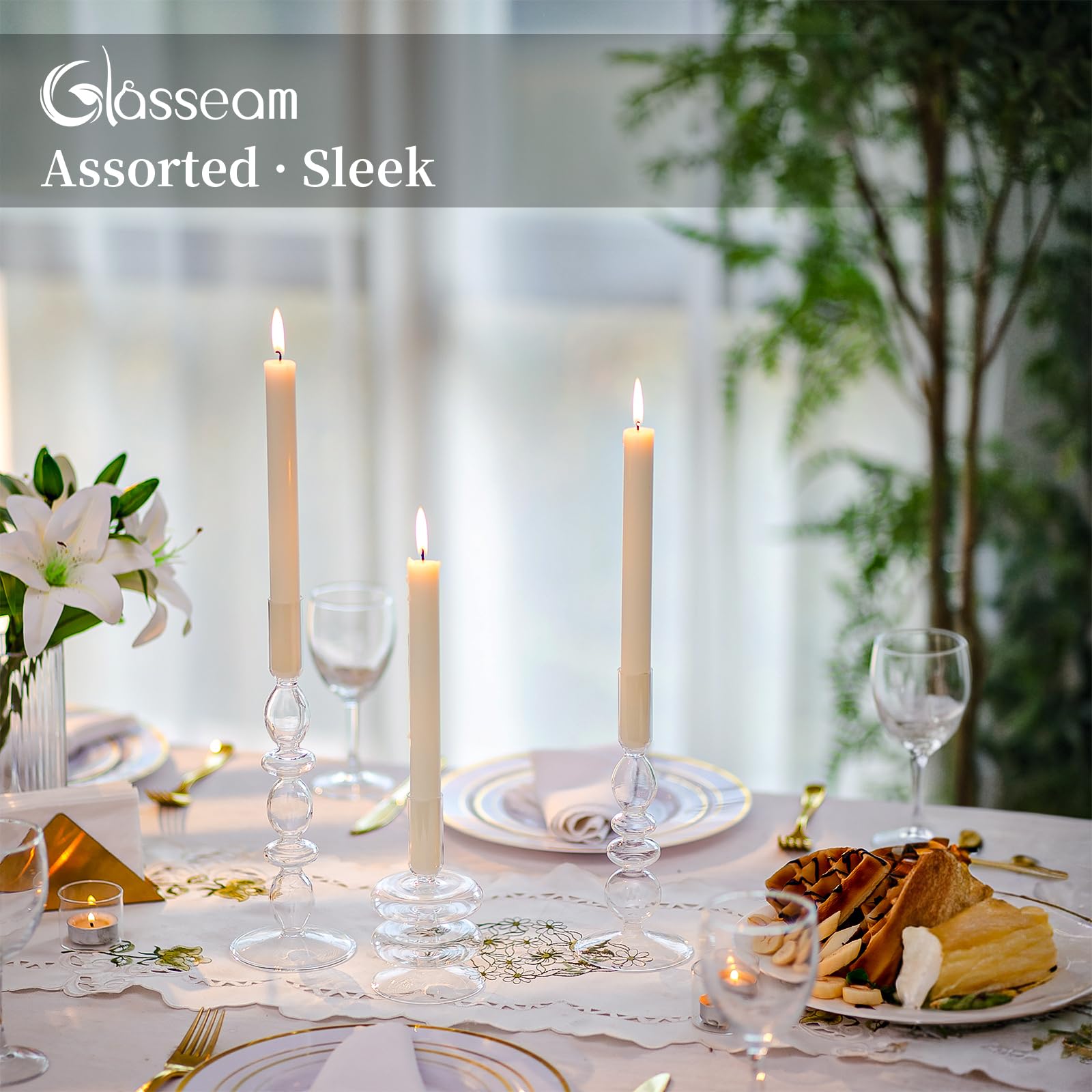 Glasseam Clear Glass Candle Stick Holders Set of 3 - Modern Taper Candle Holders for Wedding, Christmas & Home Decor - Elegant Table Centerpiece for Dining Room, Party & Holiday Decorations