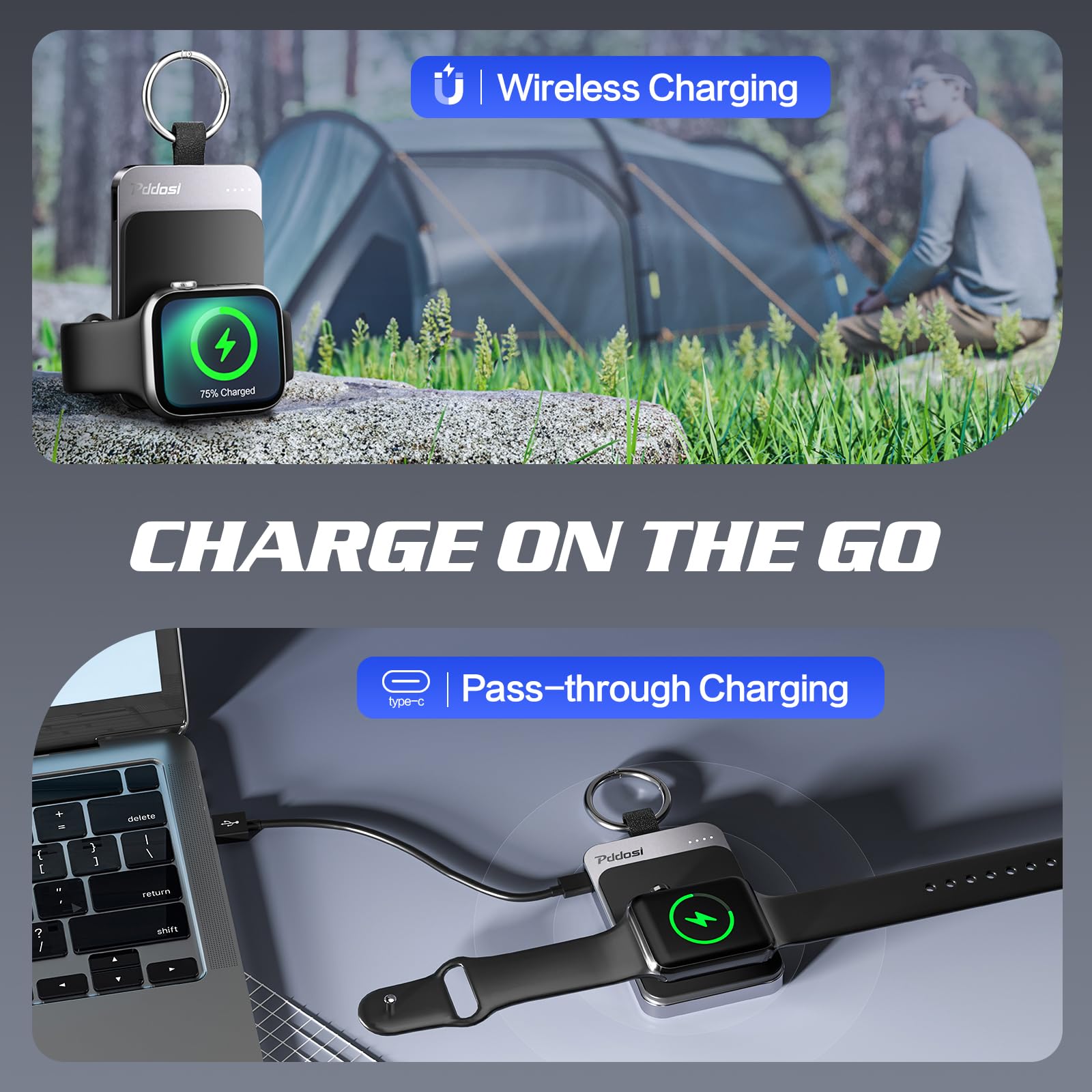 Portable Magnetic Charger for Apple Watch Series 10/9/8/7/6/5/4/3/2/SE/Ultra - 1500mAh Wireless Travel Charger with Keychain (Black) | Perfect for Gym, Travel & Everyday Use