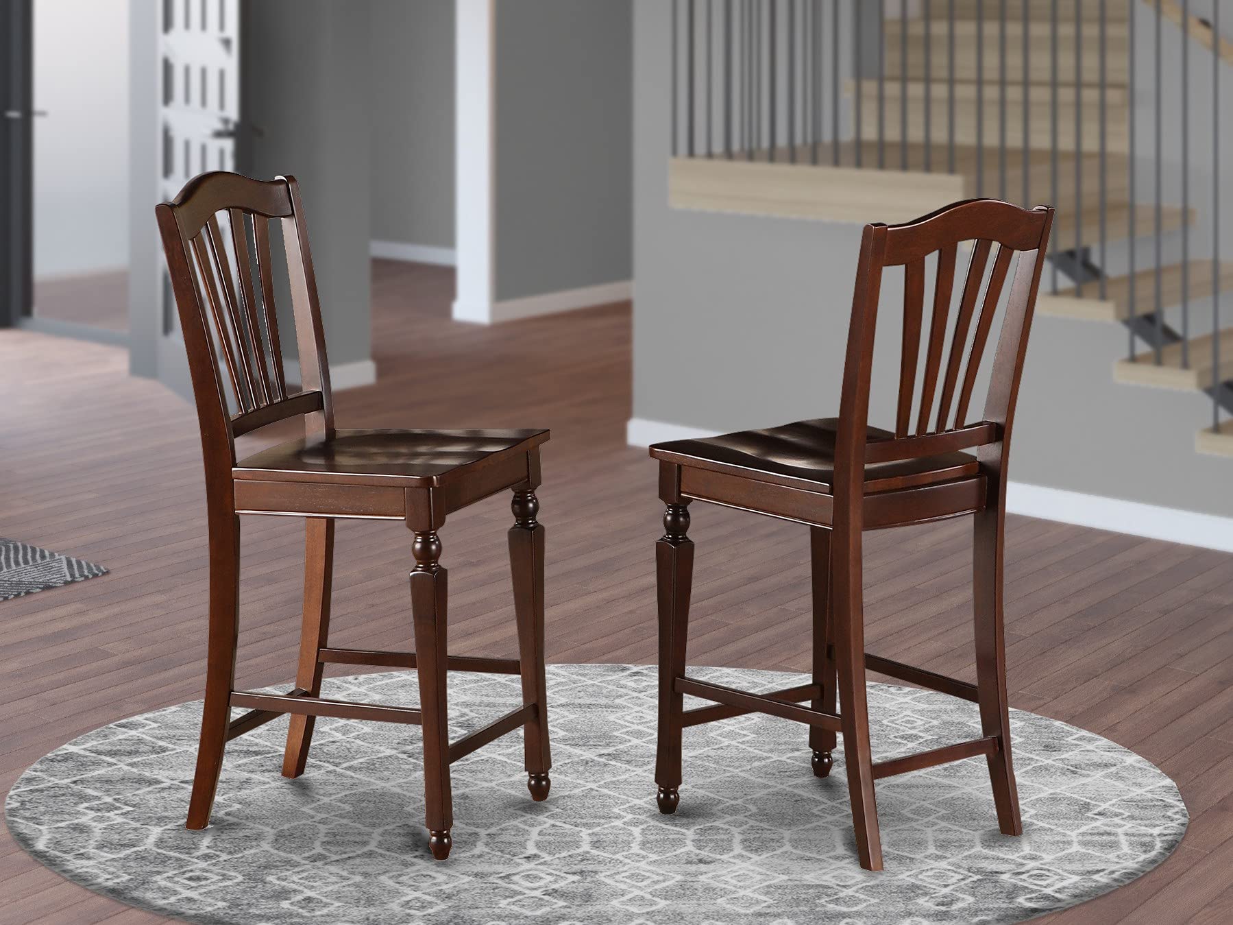 East West Furniture CHS-MAH-W Chelsea Counter Height Barstools - Set of 2 Mahogany Wooden Bar Stools with Slat Back & Comfortable Seat - Perfect for Kitchen Islands, Breakfast Bars & Home Pub Decor