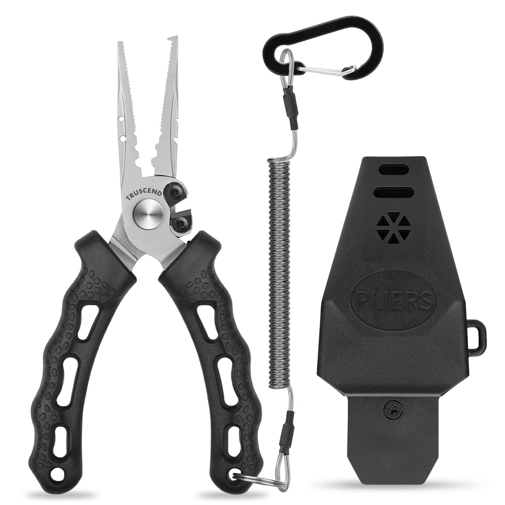 TRUSCEND Lockable Fishing Pliers with Ergonomic Handle - Saltwater Resistant Teflon Coated Multi-Tool with Mo-V Cutter - Perfect Fishing Gear for Saltwater & Freshwater Fishing - Great Gift for Anglers