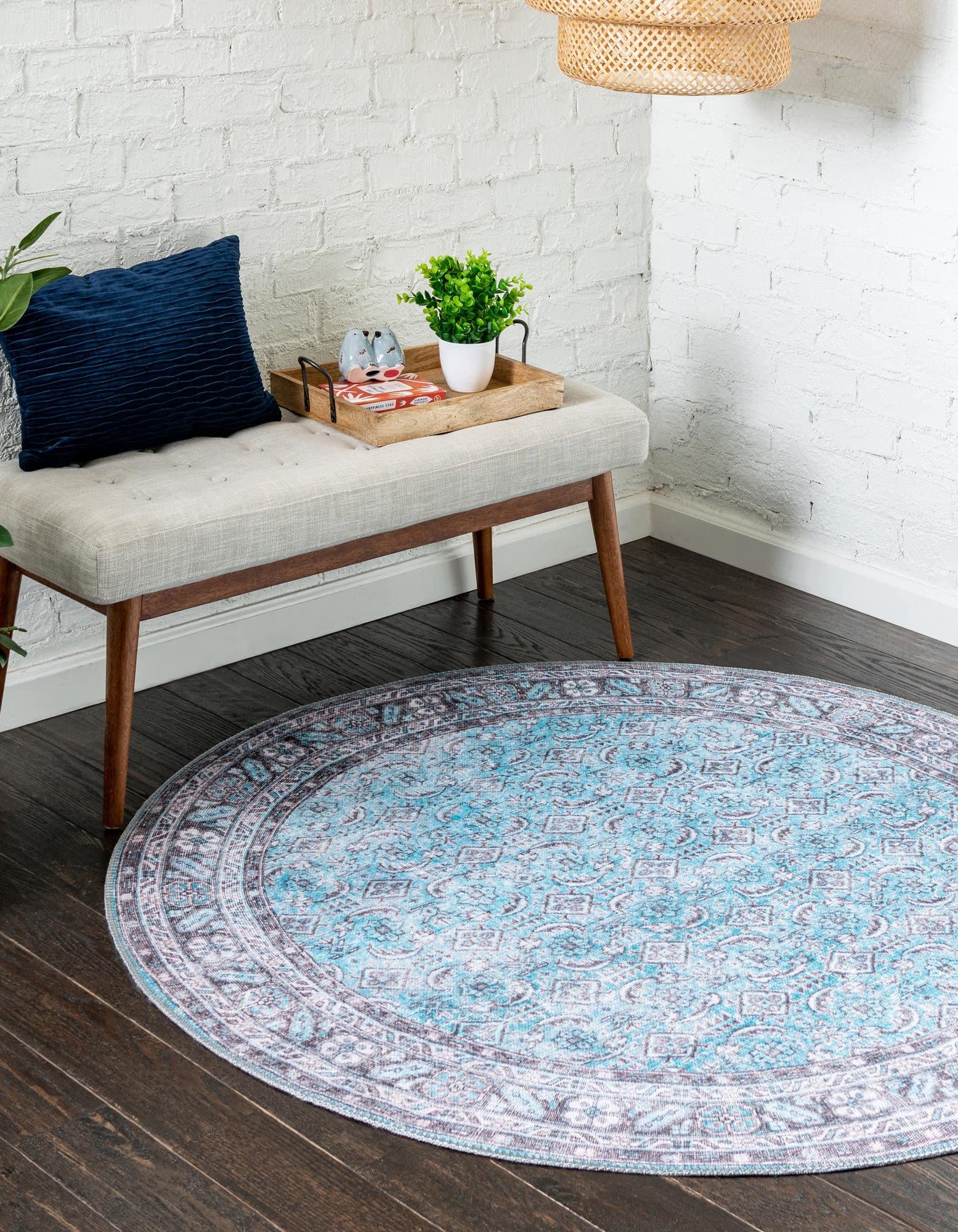 Unique Loom Revival Collection Traditional Medallion Border Blue/Black Round Area Rug 5' x 5' - Perfect for Living Room, Bedroom or Office Decor