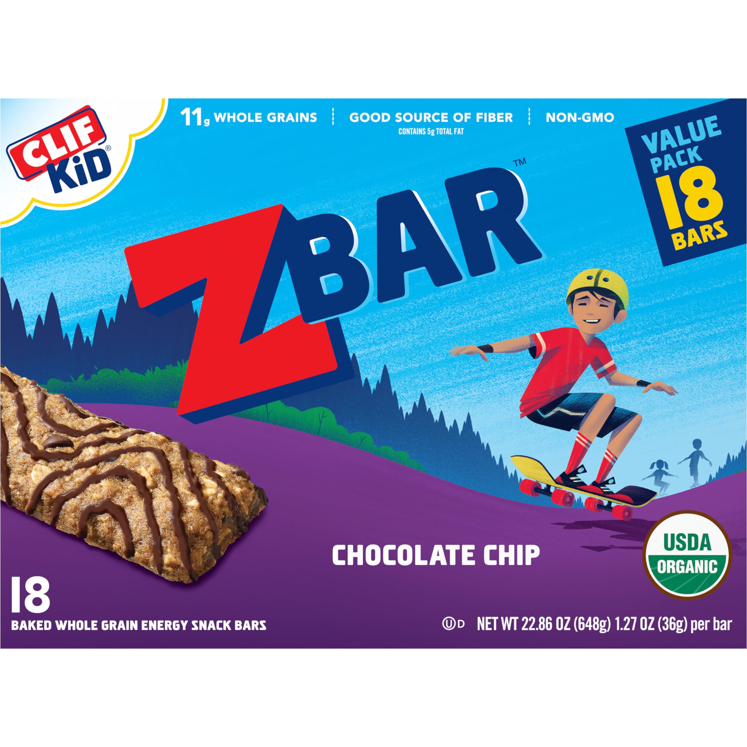 Organic CLIF Kid Zbar Chocolate Chip Snack Bars - 18 Pack for School Lunches & Outdoor Activities