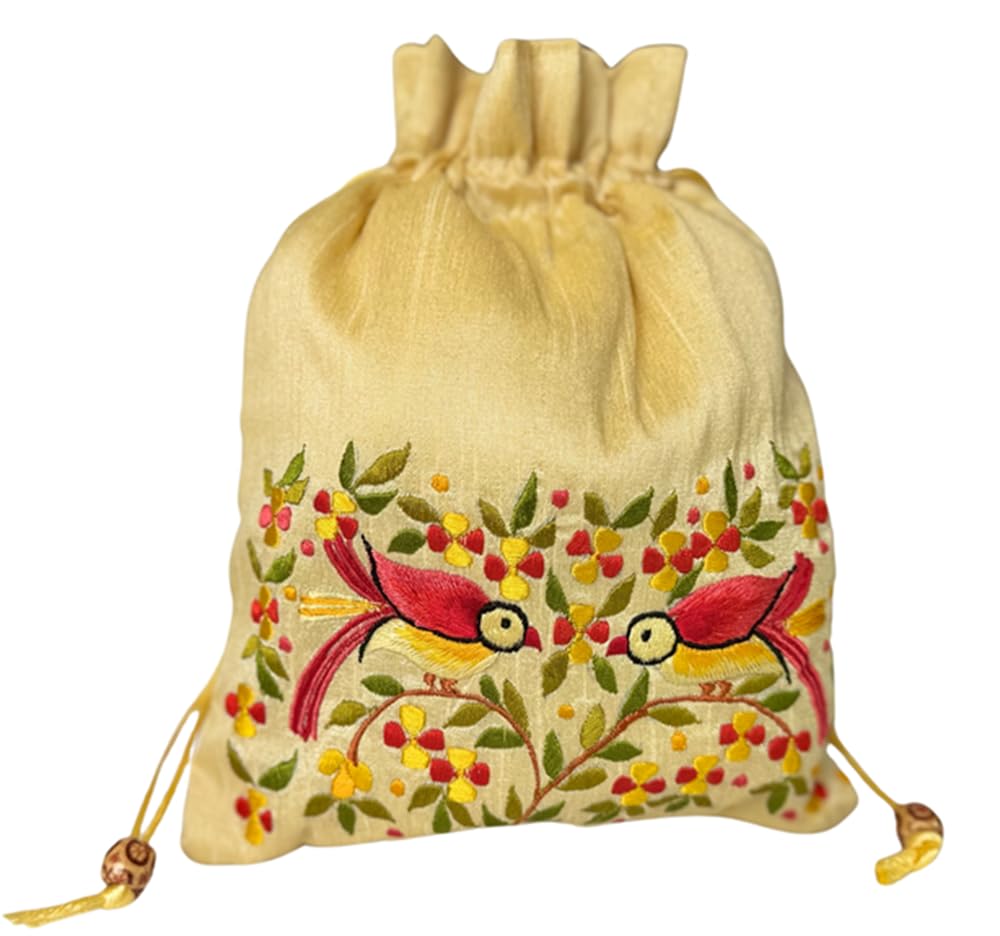 Lavanya Fashions Premium Raw Silk Embroidered Polti Handbag for Women - Cream Color | Elegant Clutch Purse for Parties, Weddings & Special Occasions