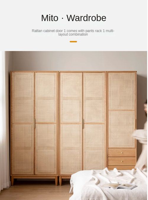 Solid Oak Wood Rattan Wardrobe - Stylish Storage for Bedroom, Living Room & Closet Organization