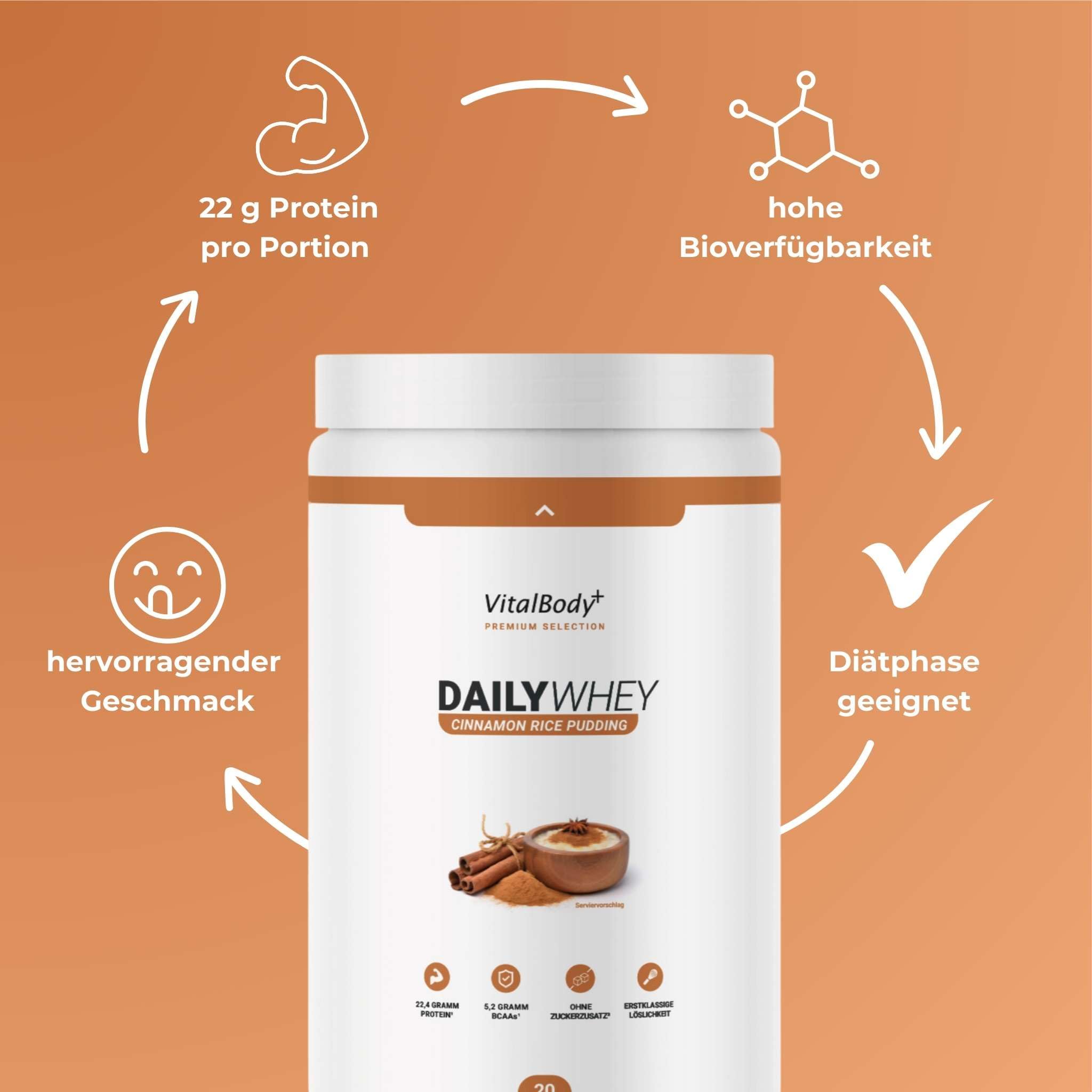VitalBodyPLUS DailyWhey Protein Powder - Cinnamon Rice Pudding Flavor, 600g | 22g Protein per Serving | Muscle Growth & Maintenance | Made in Germany | Perfect for Post-Workout Recovery & Healthy Breakfast Smoothies