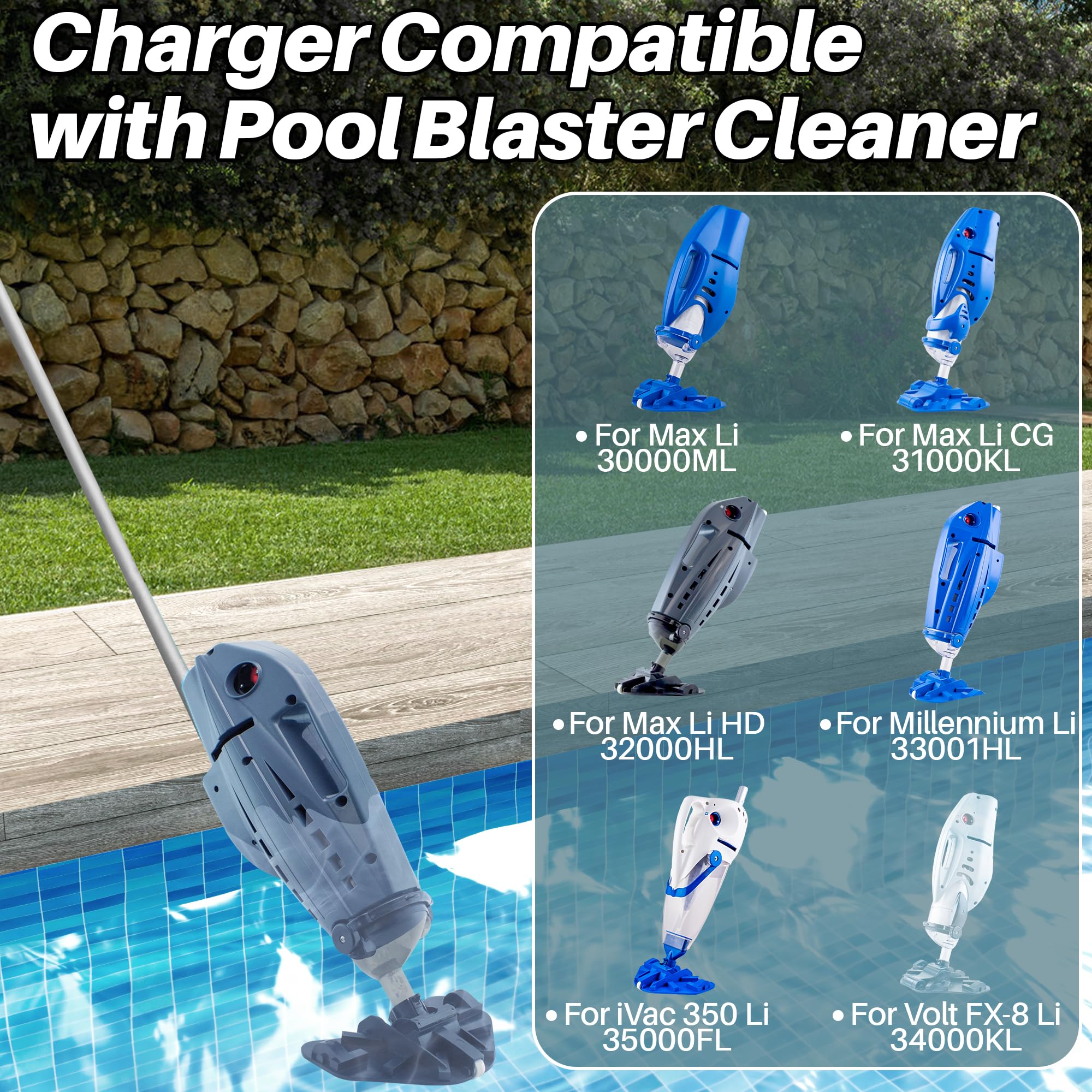 Pool Blaster Vacuum Charger & Power Cord - Compatible with Max Li, Max Li CG, Max Li HD, Millenium Li, iVAC 360 Li, Volt FX-8 Li - Replacement Charging Adapter for Cordless Pool Cleaners | Perfect for In-Ground & Above-Ground Pool Maintenance
