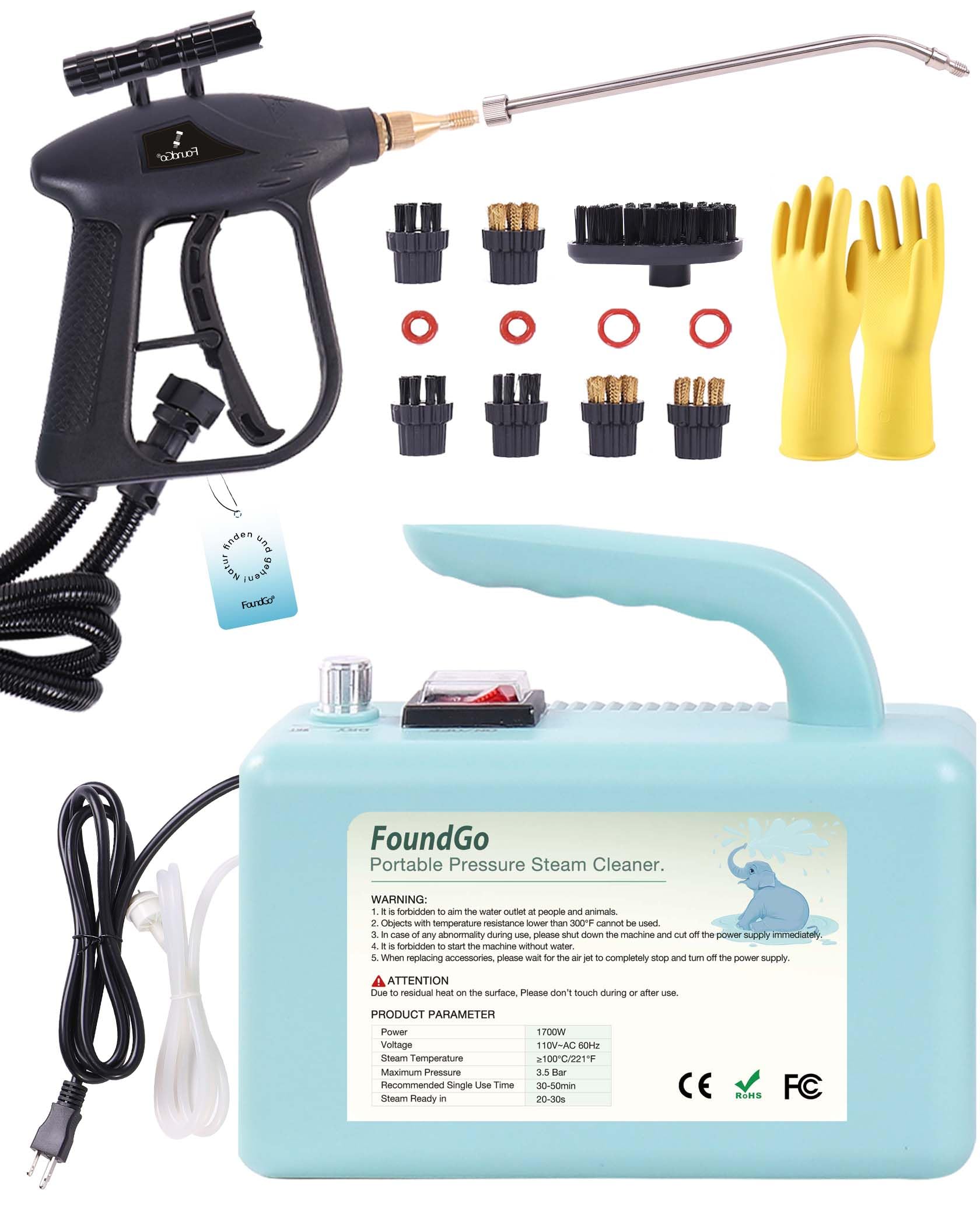 FoundGo 1700W Portable Handheld Steam Cleaner with 7 Attachments - 20-Second Fast Heating to 239°F, High-Pressure Steam for Deep Cleaning - Perfect for Home, Kitchen, Car, Floors, Tiles & More (Blue) | Sanitize & Disinfect Surfaces, Remove Stubborn Stains & Grease