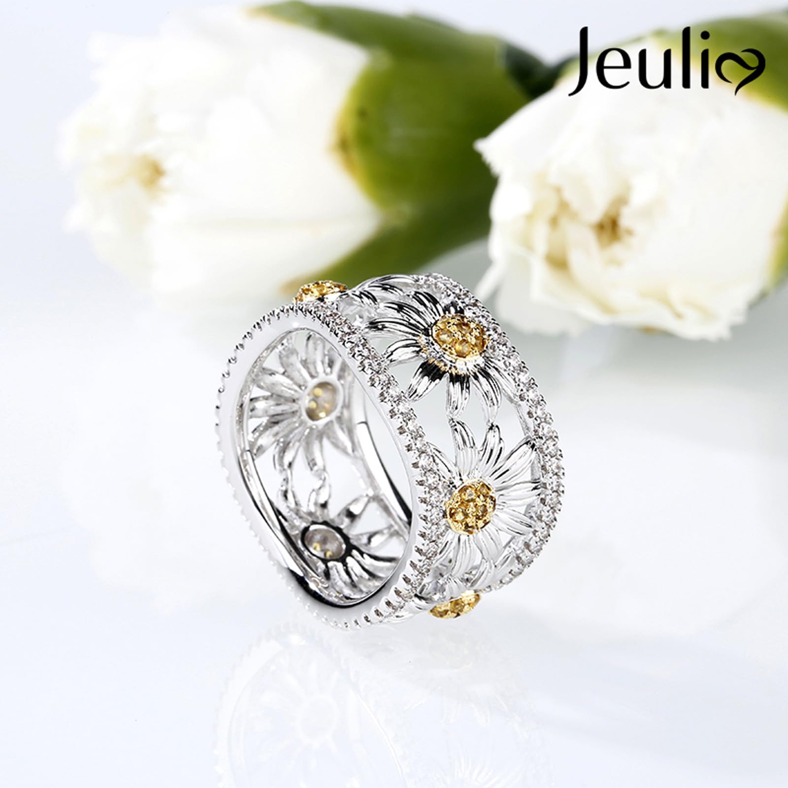 Jeulia Women's Sunflower Band Ring - S925 Sterling Silver Yellow Diamond Hollow Curved Promise Ring for Anniversary, Birthday, Valentine's Day Gift | Perfect for Everyday Wear, Date Night & Special Occasions