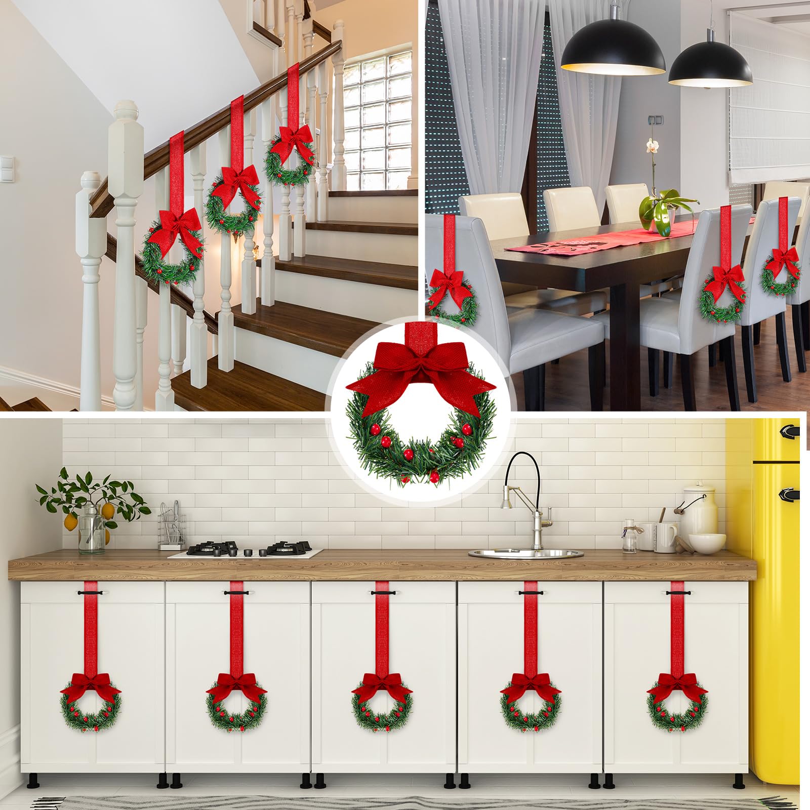 12 Pcs Mini Christmas Wreaths 3.94 Inch - Red Holiday Kitchen Cabinet Decor with Ribbon for Windows, Doors, and Home Decoration - Classic Style Xmas Ornaments for Festive Season