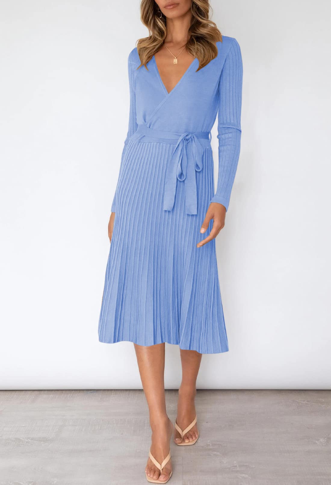 Pink Queen Women's Wrap Sweater Dress - V Neck Long Sleeve Ribbed Knit Midi Dress with Belt | Casual Office Wear, Date Night Outfit, Fall Winter Fashion
