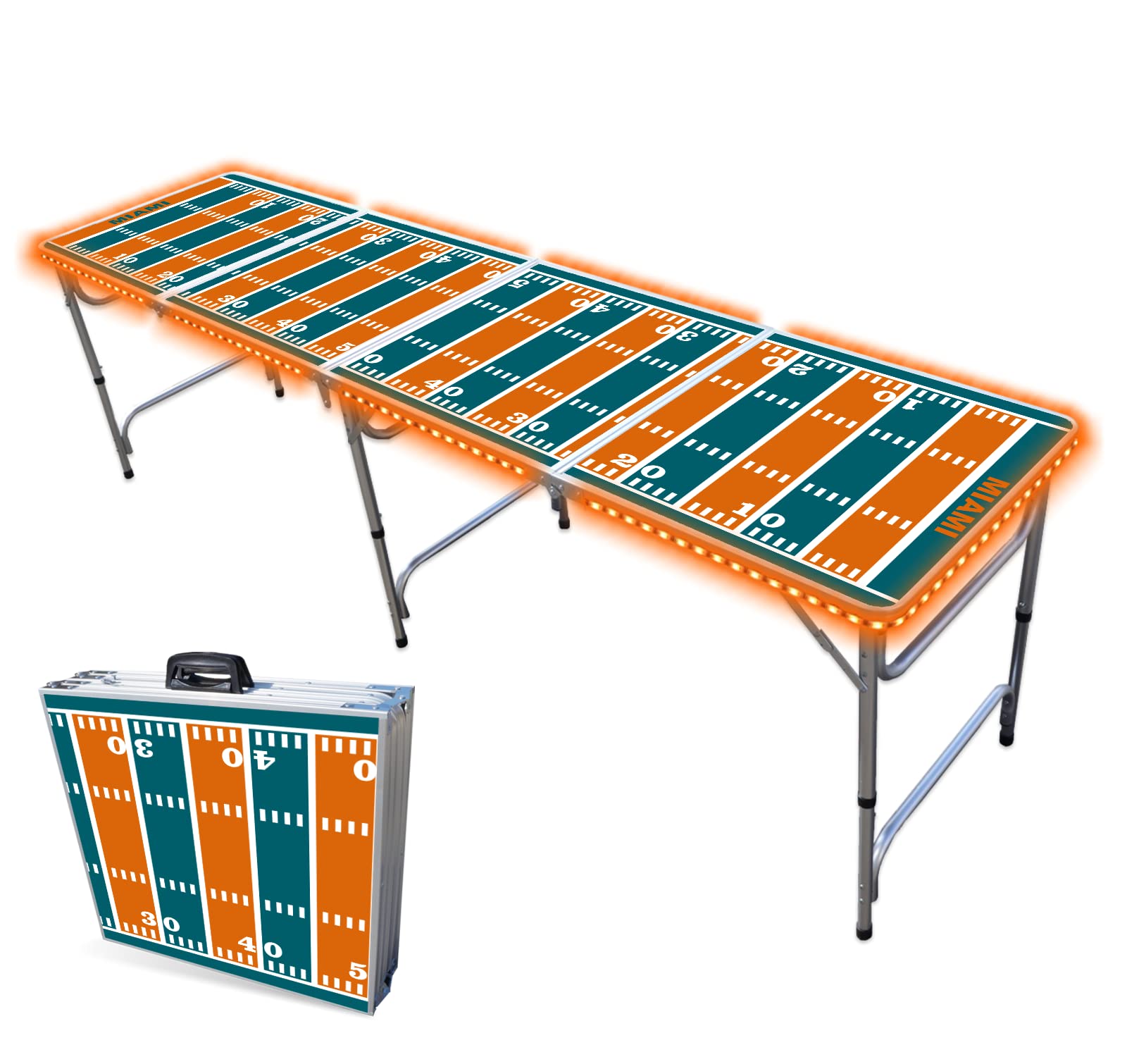8-Foot Folding Portable Beer Pong Table with LED Lights & Cup Holders - Miami Football Field Design for Outdoor Parties, Tailgates & Game Nights (Multiple Models Available)