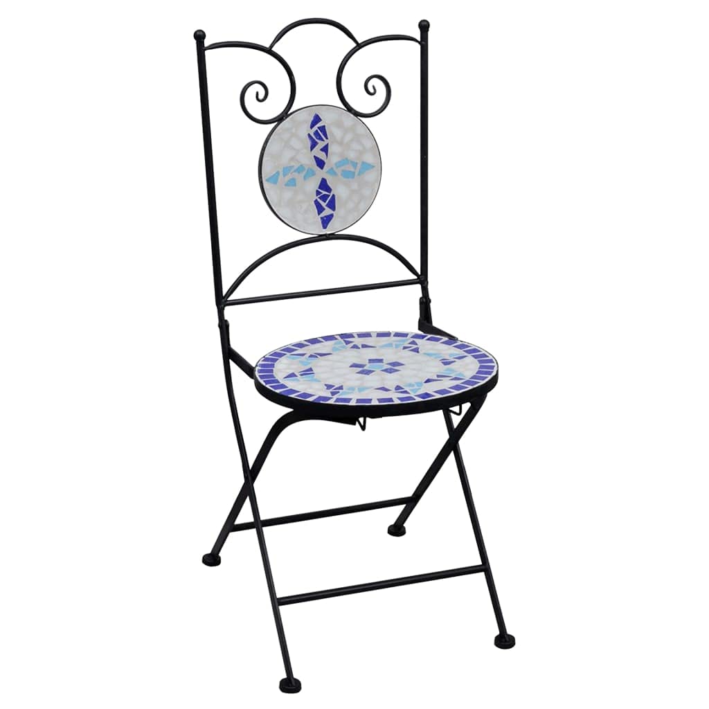 vidaXL 3-Piece Mosaic Bistro Set - Round Patio Table & Folding Chairs, Blue & White Ceramic Tile Outdoor Furniture for Garden, Backyard, Poolside or Balcony