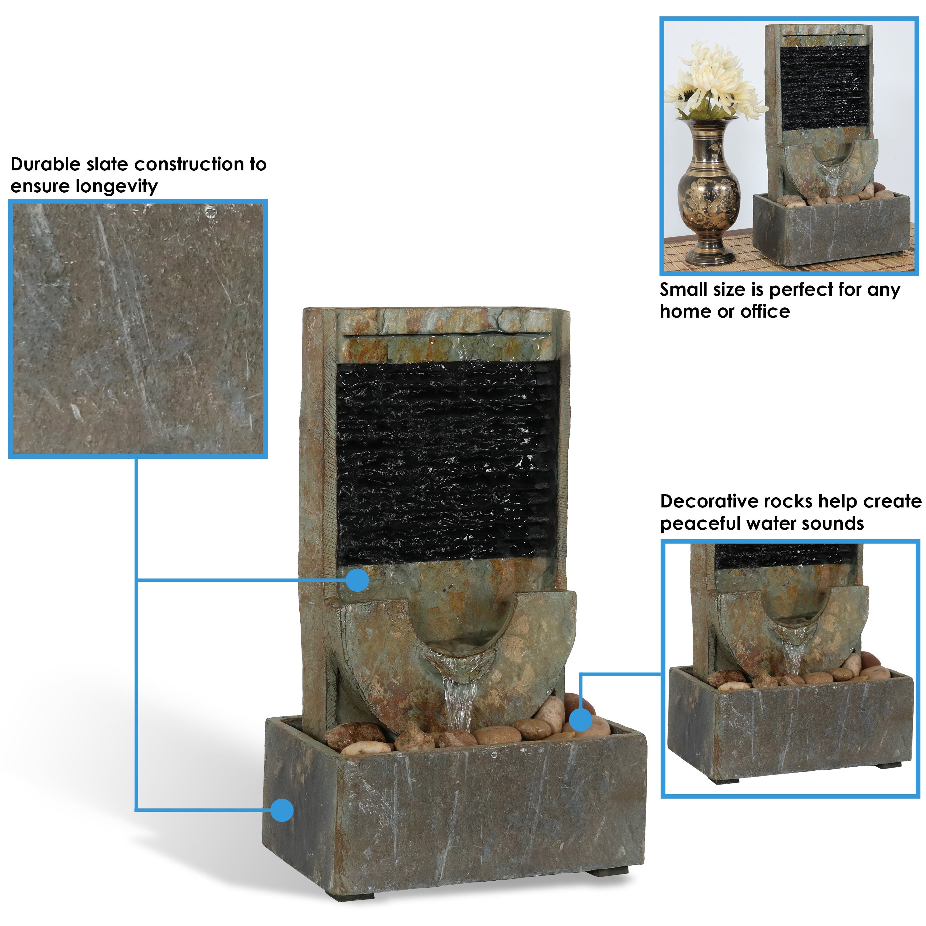 16 Inch Sunnydaze Half Moon Slate Indoor Water Fountain - Relaxing Home Decor for Living Room, Bedroom & Office