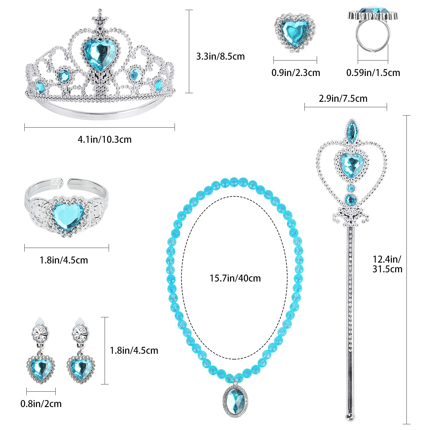 Royal Princess Dress Up Party Costume Set - Gloves, Tiara, Magic Wand, Necklace, Earrings, Bracelet & Ring (9-Piece Blue Gift Set) for Kids Birthday, Halloween & Pretend Play