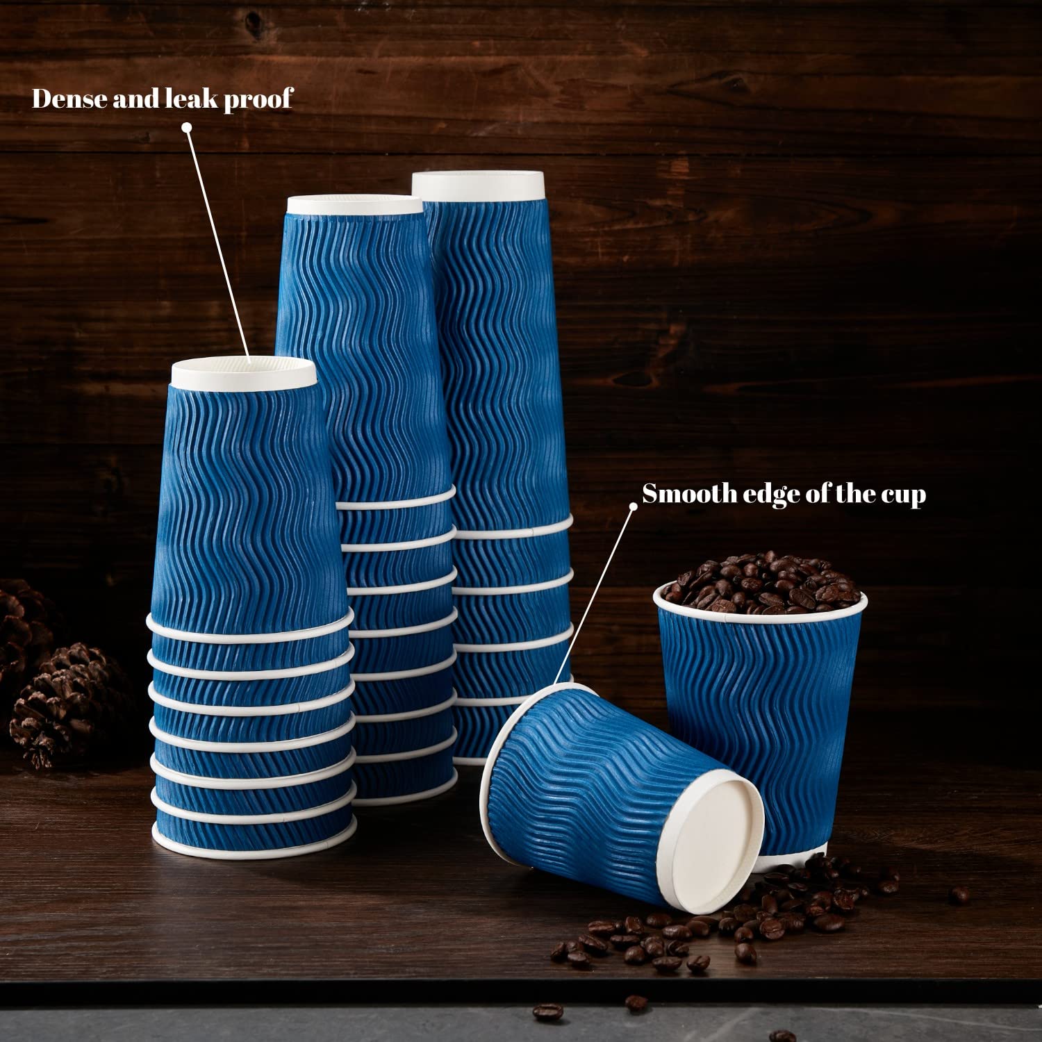 Lamosi 16 oz Disposable Coffee Cups - 90 Pack Insulated Corrugated Paper Cups for Hot & Cold Drinks, Kraft Ripple Wall Design (Navy) - Perfect for Coffee Shops, Offices, Parties and Events
