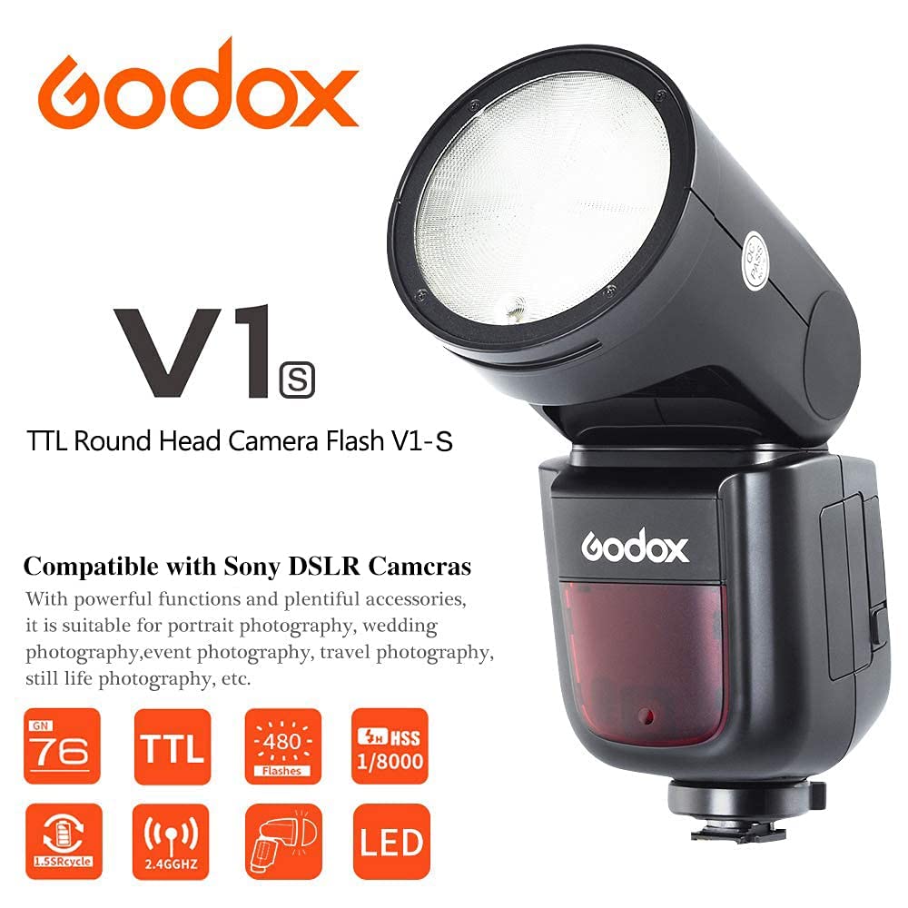 Godox V1-S TTL Round Head Flash with 2W LED Modeling Light – 1/8000s High-Speed Sync, 480 Full Power Flashes, 5600±200K Color Temp – Quick Release Lock for Sony Cameras – Perfect for Wedding, Portrait & Studio Photography