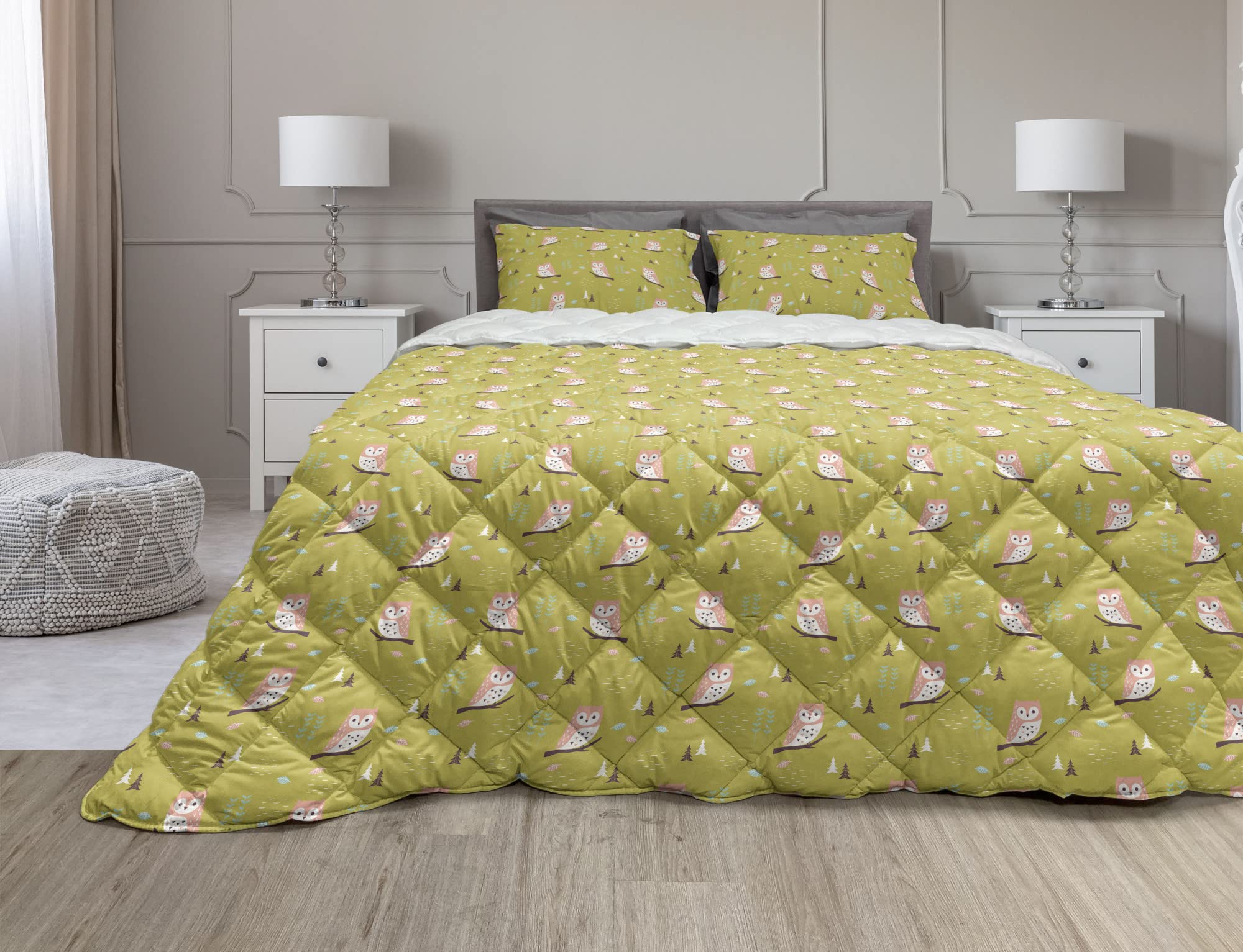 Ambesonne Owl Comforter & Sham Bedding Set - Nature Cartoon Print with Bird on Branch Pine Trees Design, 2-Piece Microfiber Duvet Set for Twin XL Bed, Khaki & Multicolor - Perfect for Kids' Room, Nursery or Bohemian Bedroom Decor