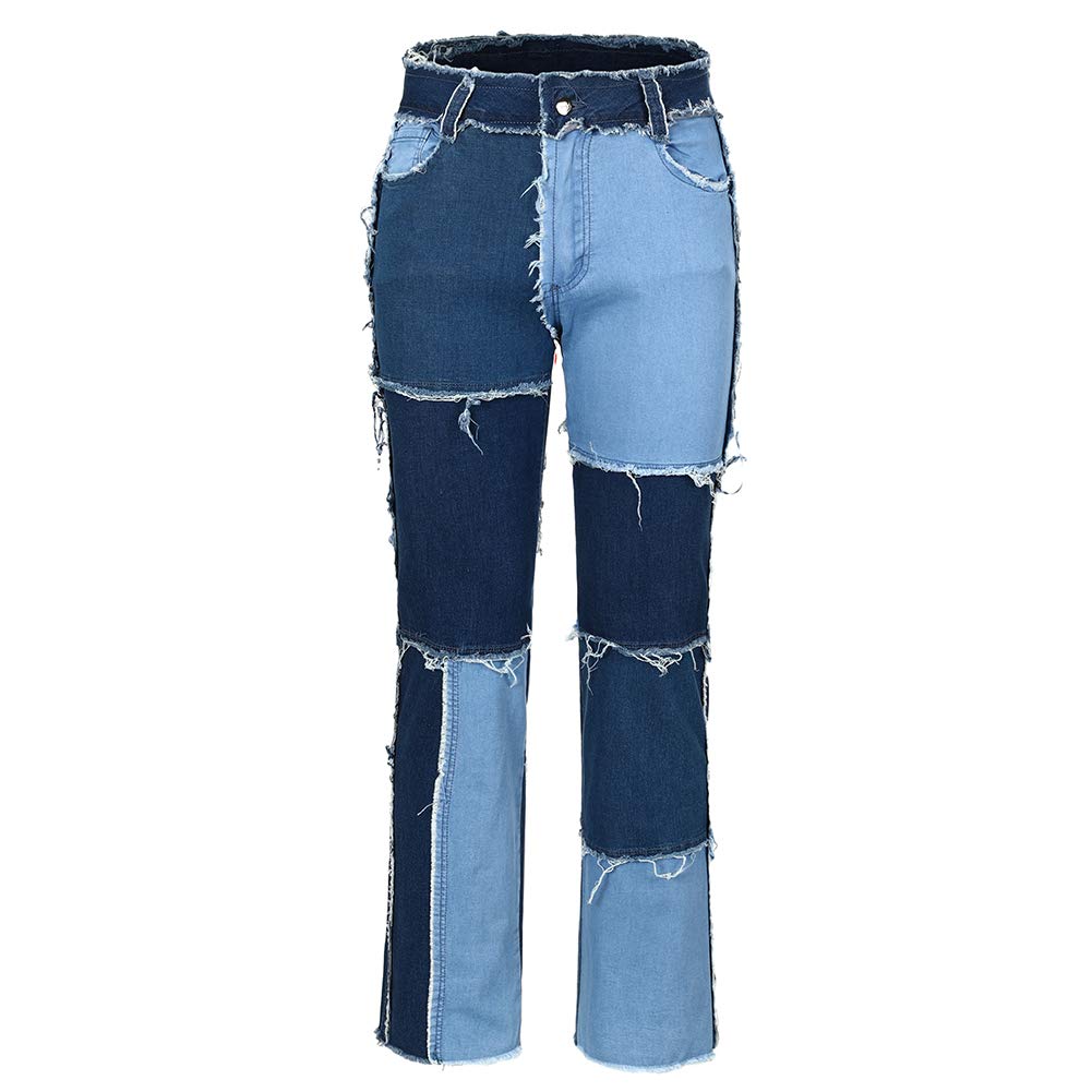 THUNDER STAR Women's Patchwork Straight Leg Jeans - Mid Rise Stretch Denim Pants with Distressed Hem | Casual Everyday Wear, Street Style Outfits