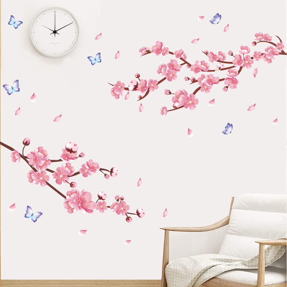 Supzone Cherry Blossom Wall Sticker - Japanese Sakura Vinyl Decal with Pink Flowers & Butterflies - DIY Wall Art for Bedroom, Living Room, Office Decor - Perfect for TV Backdrop, Nursery, Dorm Room & Wedding Decorations