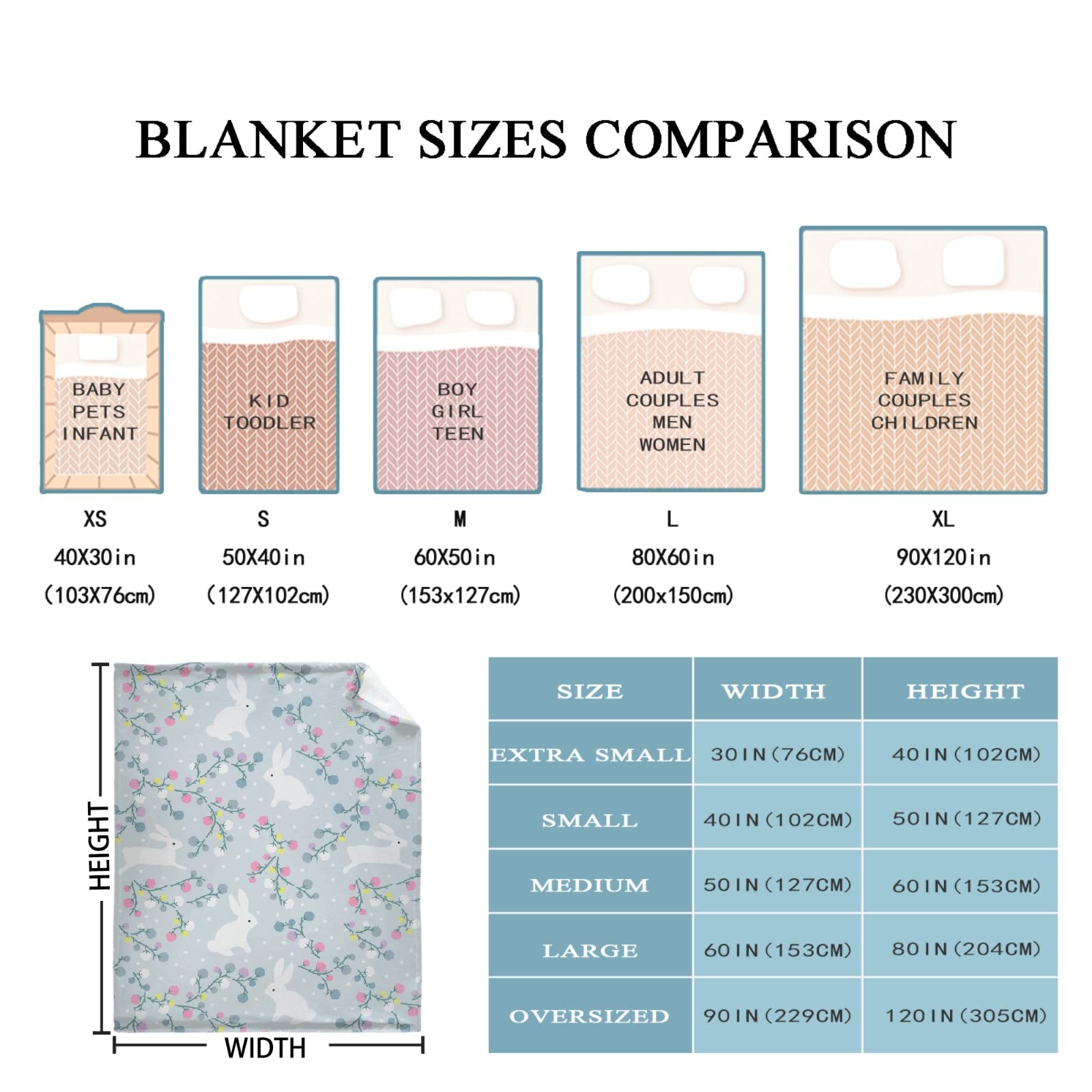 Soft Cozy Fleece Rabbit & Floral Throw Blanket for Women, Men, Kids - Lightweight All-Season Blanket for Bed, Couch, Living Room - Extra Large 120