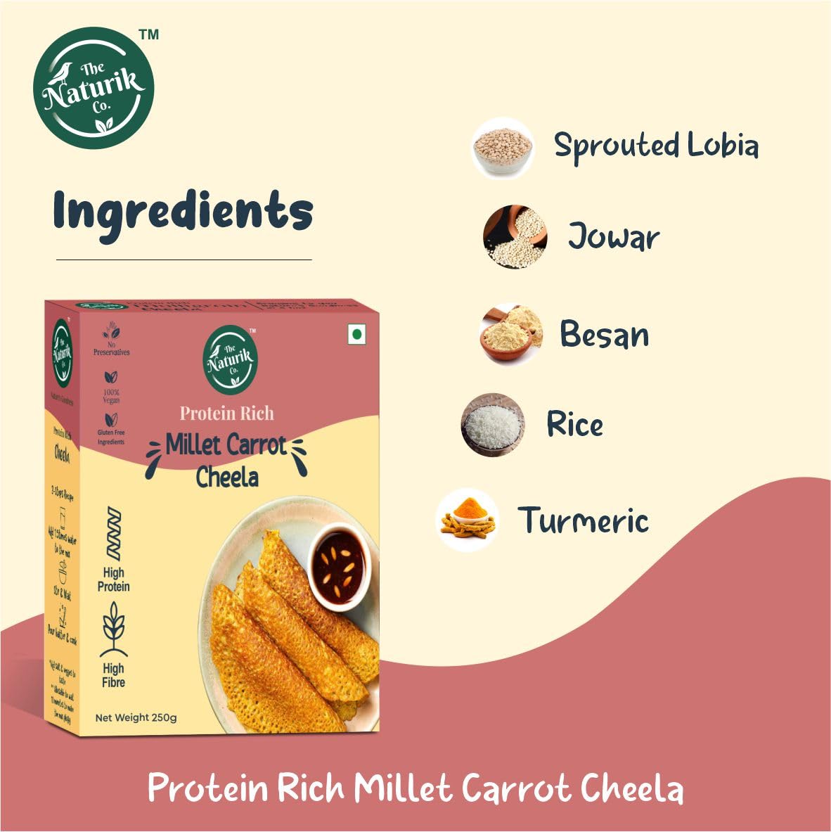 The Naturik Co Millet Carrot Cheela Mix - 250gm | Ready to Cook Millet Chilla & Dosa Mix | Healthy Instant Breakfast | Kids & Family Snack | Shark Tank Featured | Perfect for Quick Meals, School Lunches & On-the-Go Snacking