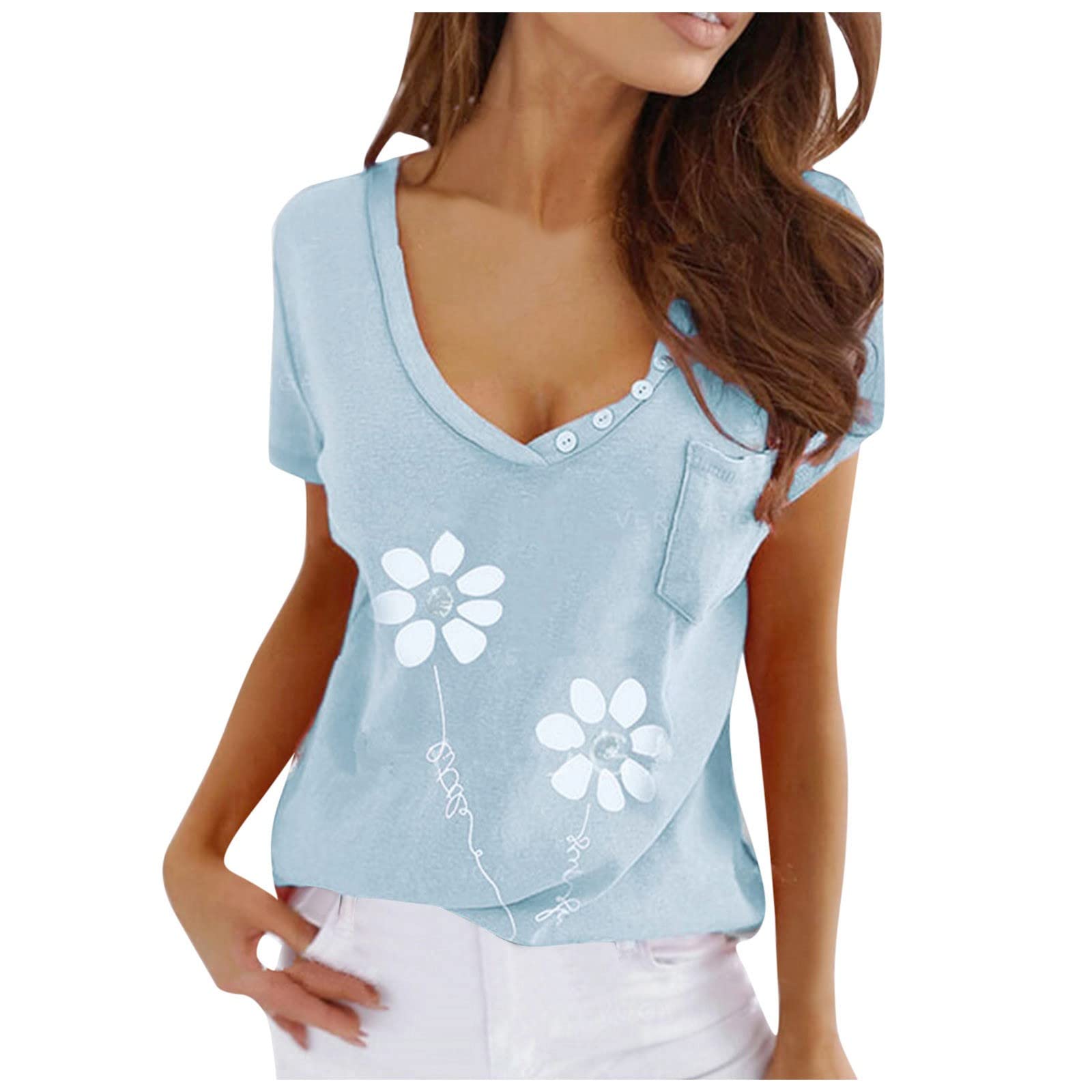 Women's V-Neck Short Sleeve T-Shirt - Cute Printed Casual Blouse, Loose Fit Graphic Tee for Dressy & Everyday Wear | Perfect for Office, Date Night & Weekend Outings