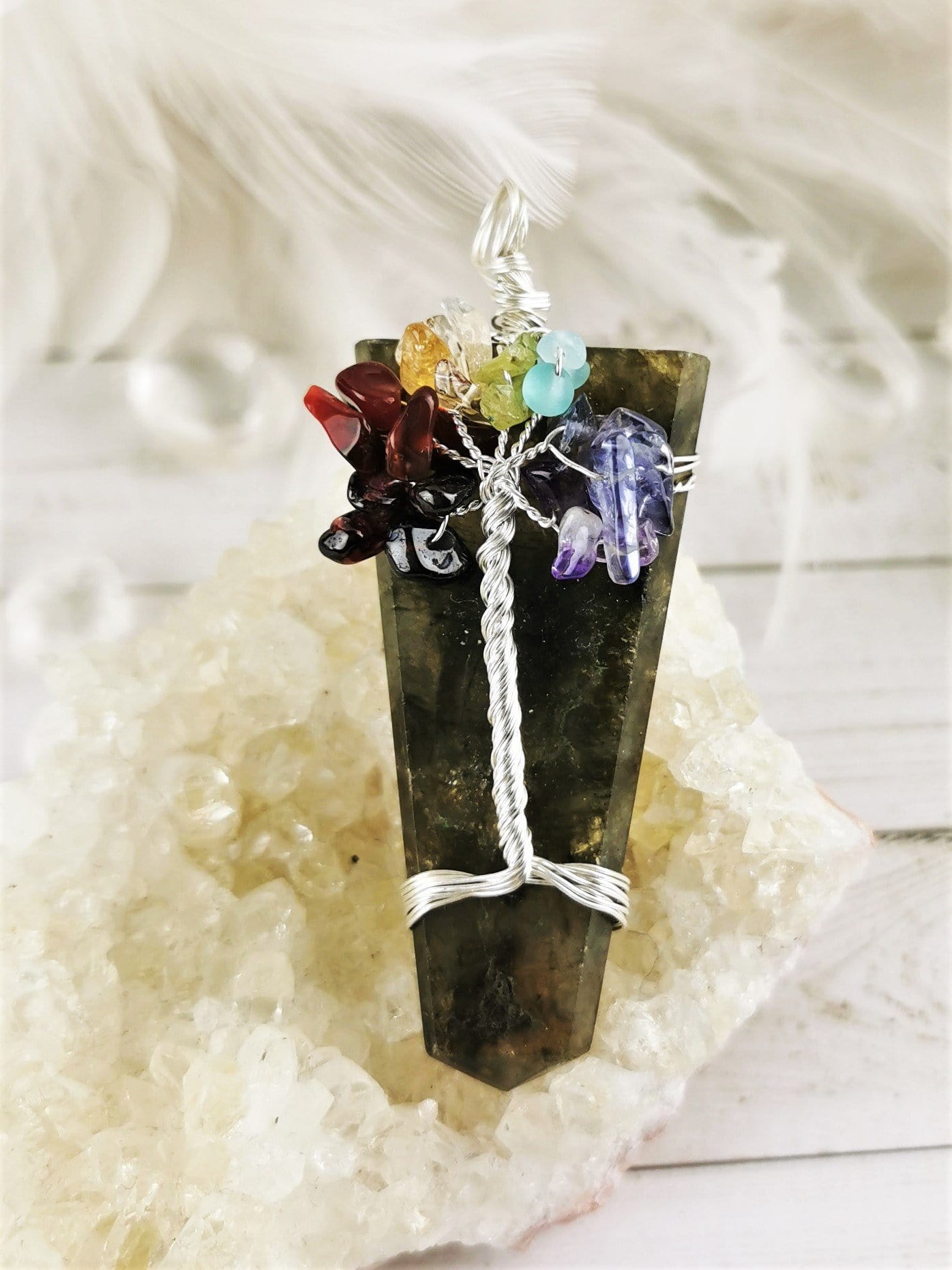 Natural Labradorite Chakra Tree Pendant Necklace - Healing Crystal Jewelry for Meditation, Energy Balancing & Spiritual Gifts