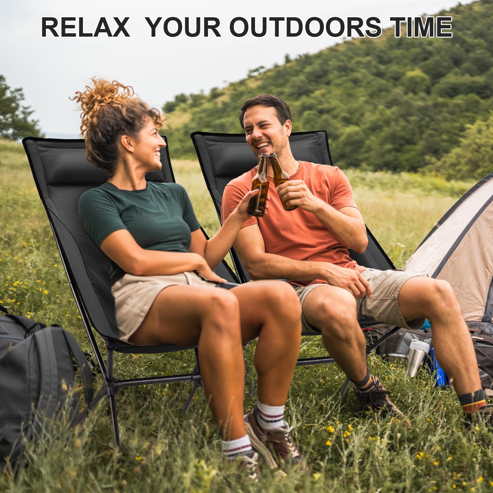 Portable Lightweight Folding Camping Chair with Headrest & Carry Bag - Outdoor Camping, Hiking, Beach, Travel, Picnic, Backyard, Fishing - Comfortable & Compact (Black)