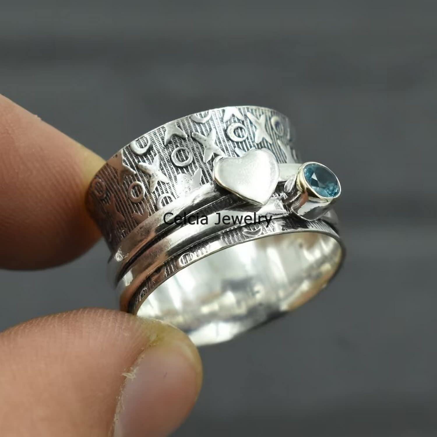 Blue Topaz Gemstone Heart Spinner Ring - Love, Meditation & Fidget Ring for Women & Men | Unique November Birthstone Gift | US Size 7 | Perfect for Stress Relief, Wedding Gifts & Birthday Presents