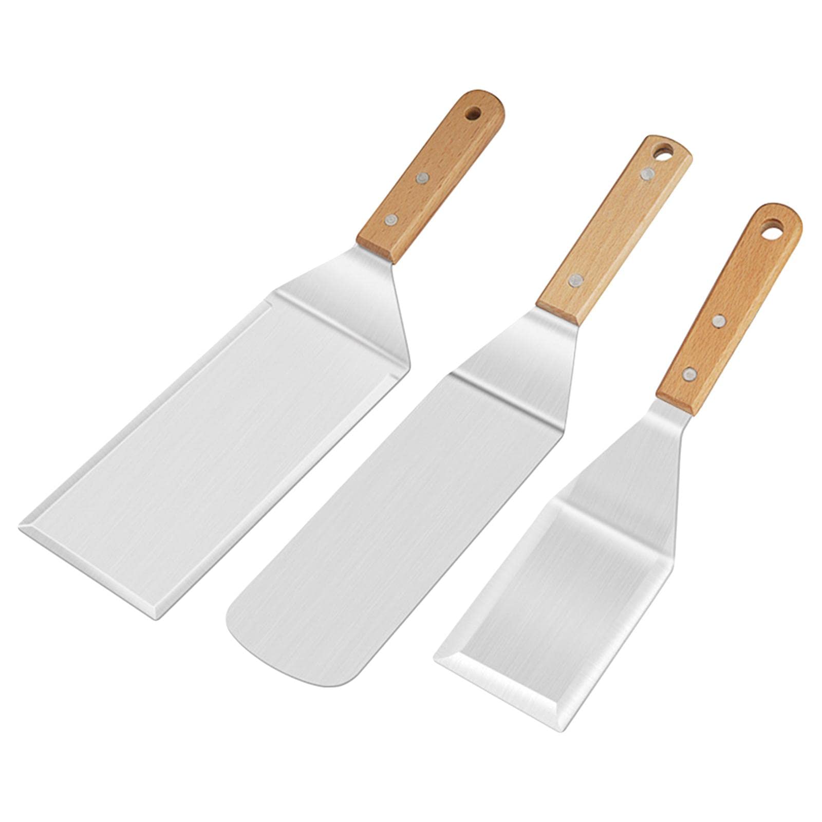 Premium Stainless Steel Spatula Set with Ergonomic Wooden Handle - Heavy Duty BBQ Spatula for Grilling, Flipping Burgers & Pancakes - Perfect for Outdoor Camping, Backyard Cookouts & Professional Kitchen Use (3-Piece Set)