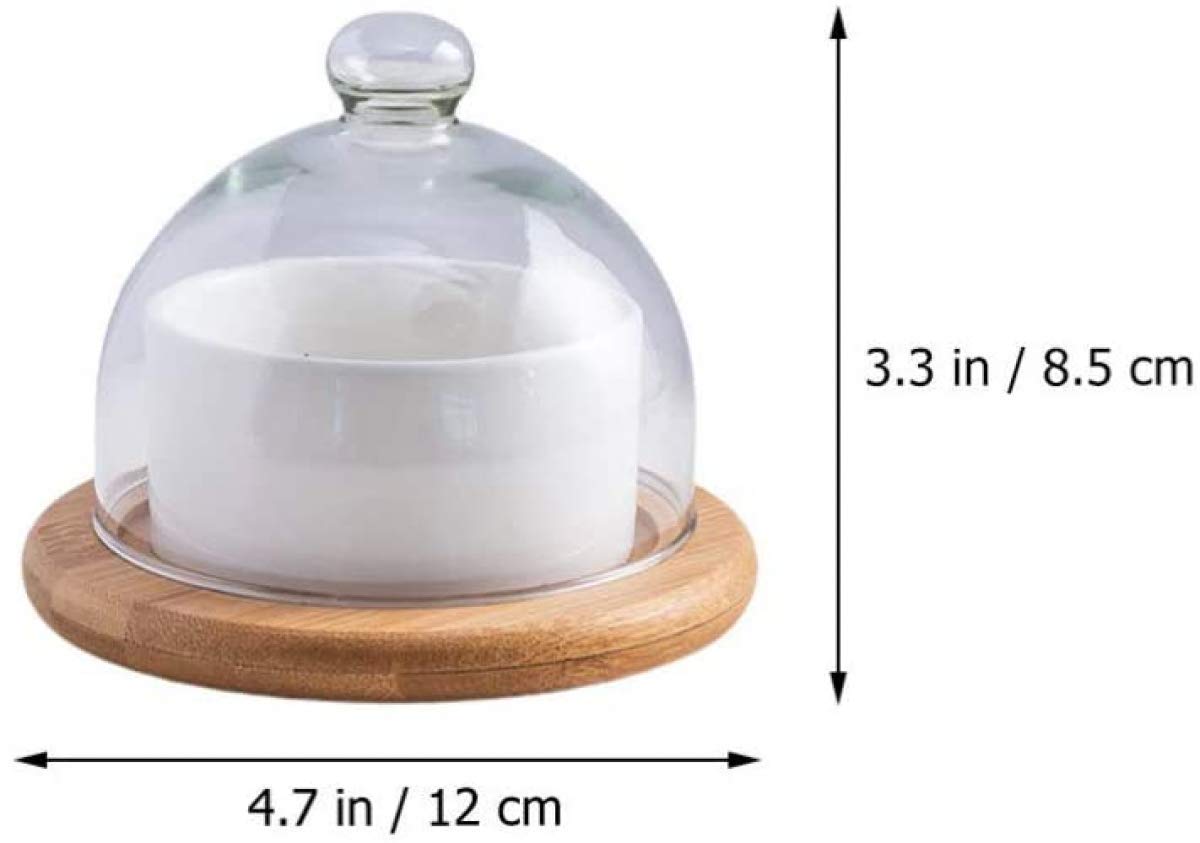 Ceramic Snack Serving Tray with Glass Dome Lid & Wooden Coaster - Elegant Dip Bowls for Nuts, Candies, Starters, Sauces - Perfect for Parties, Entertaining & Home Decor