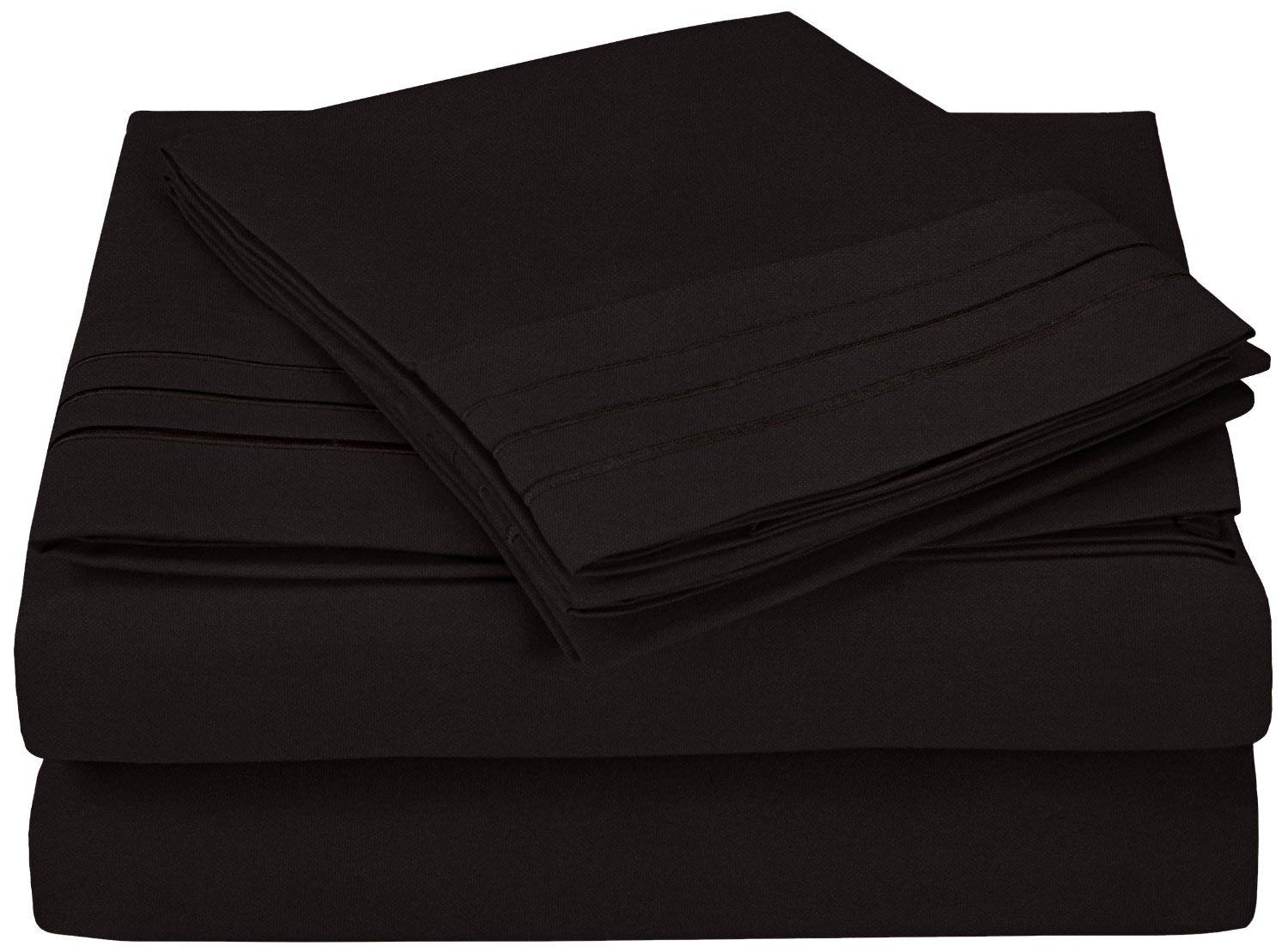 GoLinens 3-Line Embroidered Bed Sheet Set - Soft, Wrinkle-Free Full Size in Black - Luxury Bedding for Master Bedroom & Guest Room