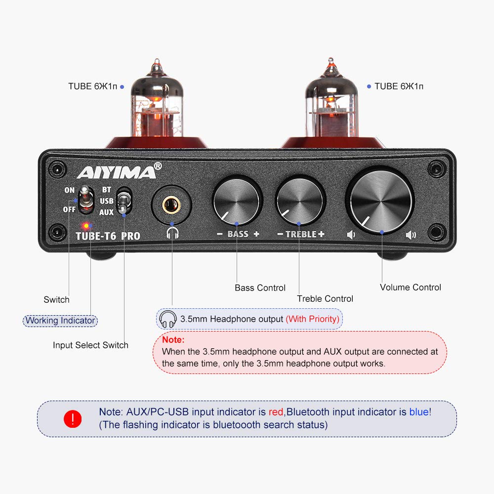 AIYIMA T6 PRO Bluetooth 5.0 Tube Preamplifier - Hi-Fi Vacuum Tube Headphone Amplifier with USB DAC & APTX Support for Home Audio, Wireless Receiver, PC Setup - Perfect for Audiophiles & Music Lovers