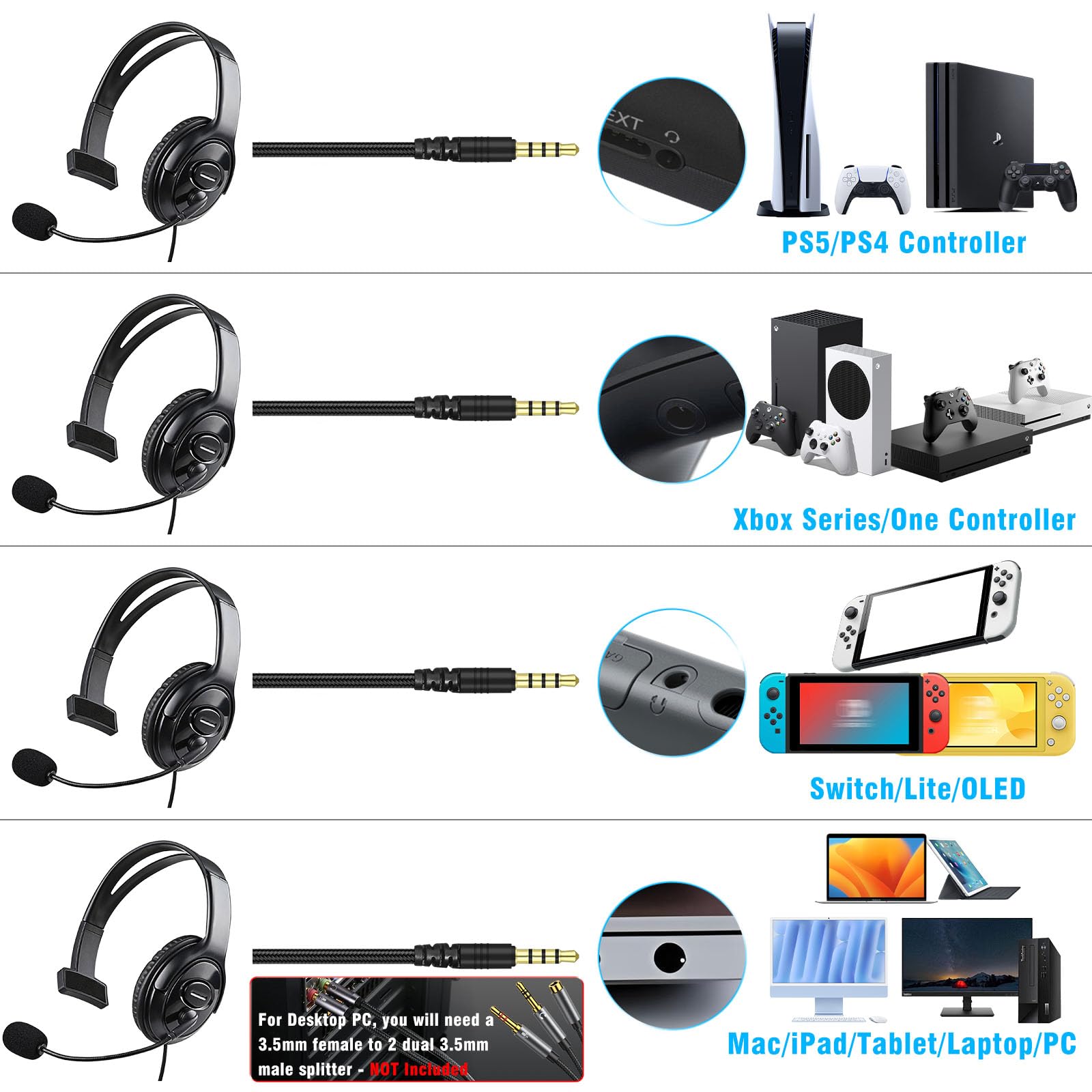 Joso Wired Single Ear Gaming Headset for PS5, PS4, Switch, Xbox, PC, iPad, Mac - 3.5mm Mono Headphone with Mic for Online Chat, Office Work, Coaching & Remote Meetings | Perfect for Gaming, Business Calls & Telecommuting