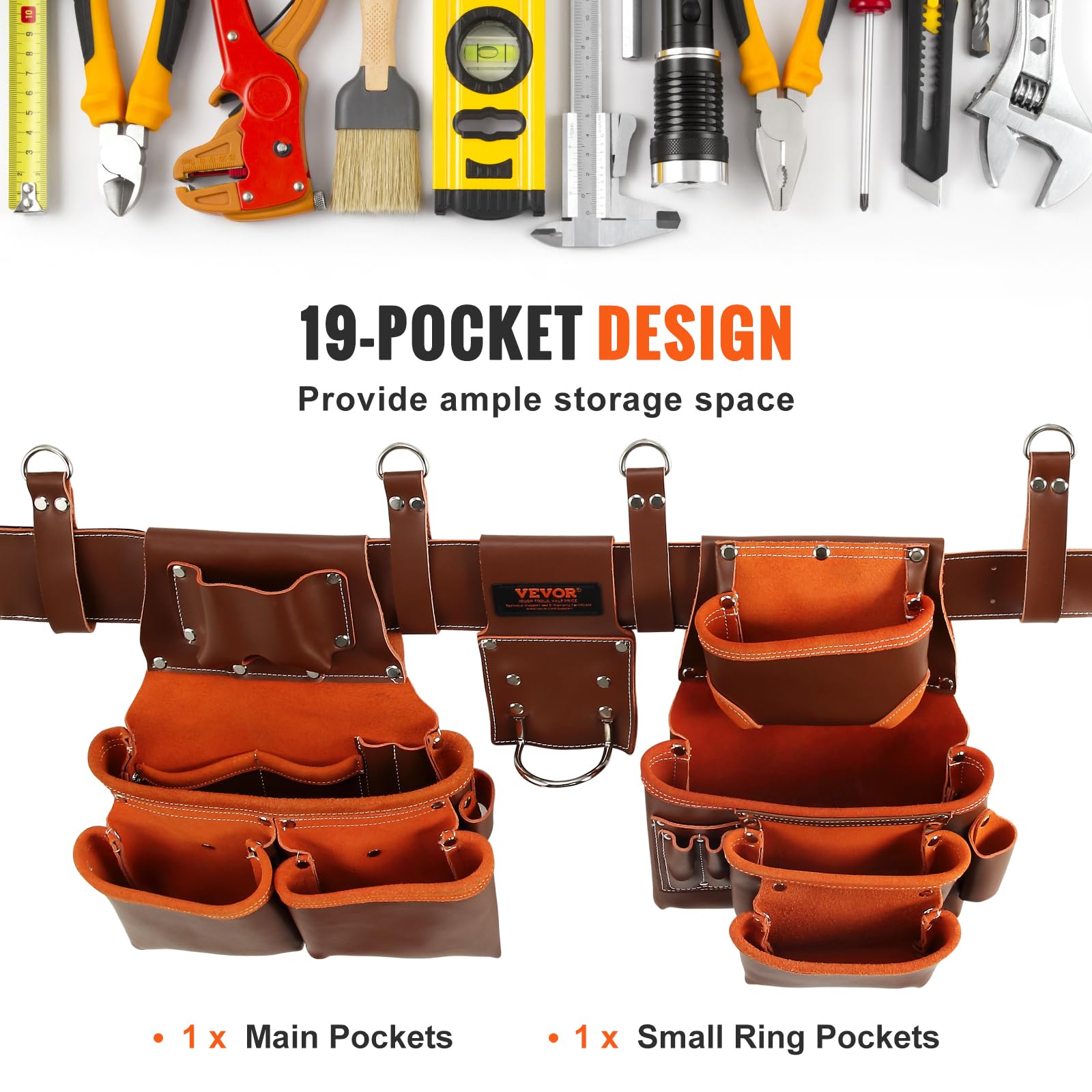 VEVOR Heavy Duty Leather Tool Belt with Suspenders - 19 Pockets Adjustable Waist 29-54 inches - Professional Carpenter Electrician Gardening Work Belt - Perfect for Construction, Woodworking & Outdoor Projects (Brown)