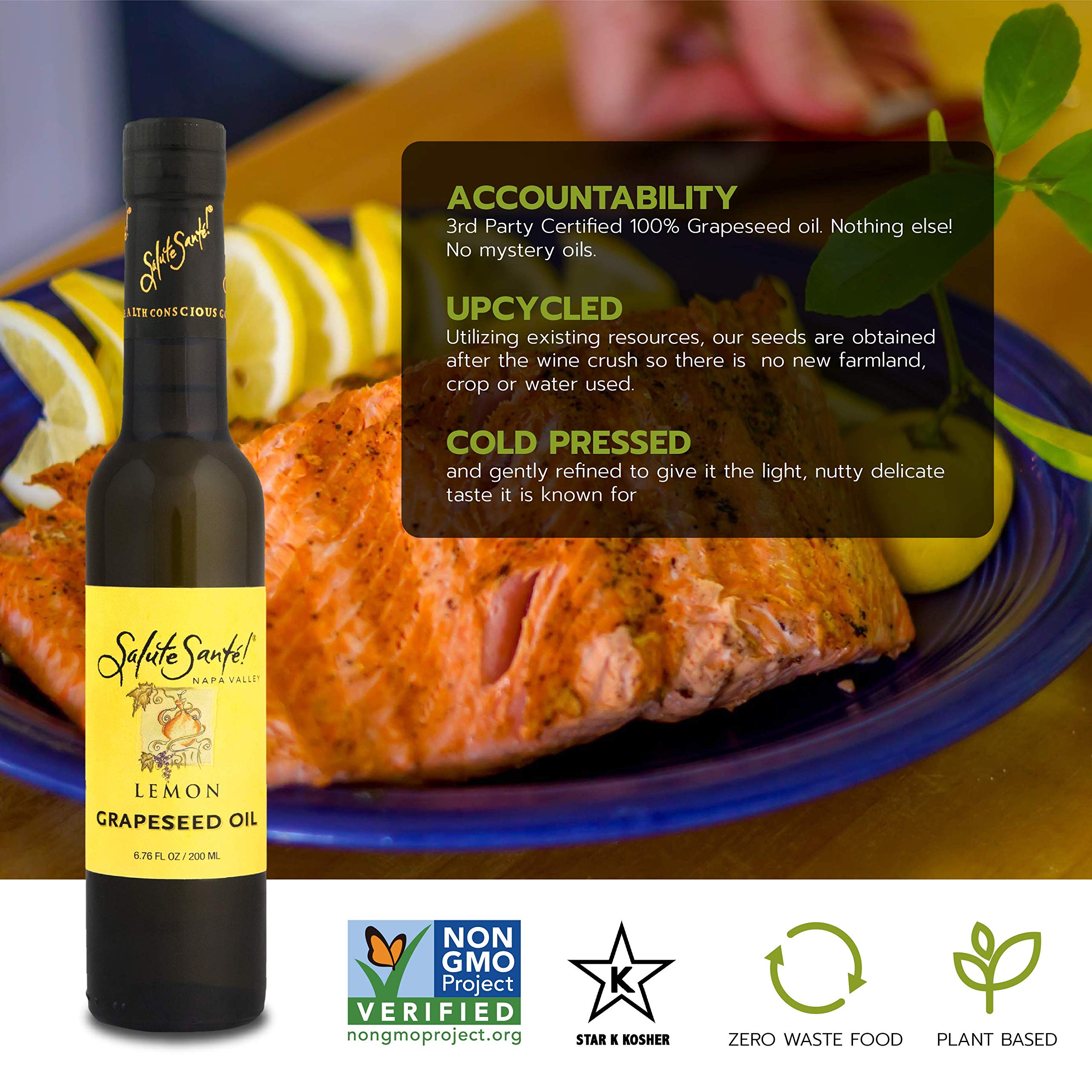 Salute Sante! Lemon Infused Grapeseed Oil - 6 Pack (200ml Each) | Cold-Pressed Cooking Oil for Healthy Dipping, Marinades, Salads & Finishing | Vegan, Gluten-Free | Perfect for Mediterranean Cuisine & Home Chefs