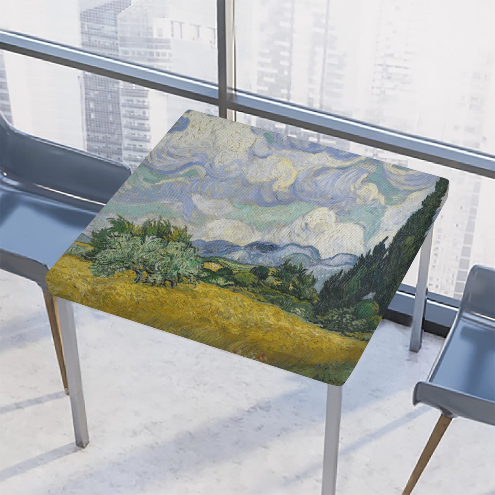 Vincent Van Gogh Wheat Field Oil Painting Square Tablecloth - Elastic Edge, Waterproof & Wipeable Fitted Table Cover (34x34 Inch) for Dining, Kitchen, Party & Patio Decor | Art-Inspired Home & Garden Accessory