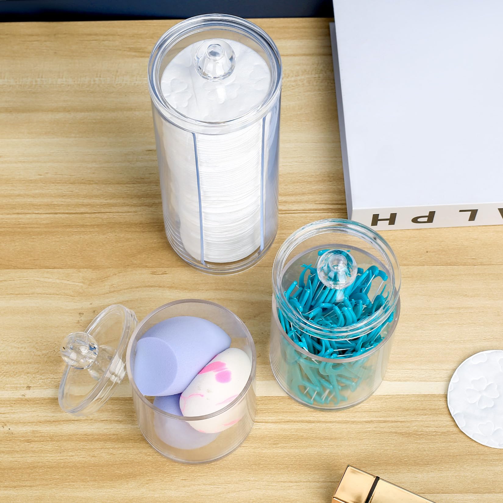 Gaomoeny 3-Piece Clear Acrylic Cotton Pad & Q-Tip Organizer Set with Lids - Bathroom Makeup Storage Containers for Cotton Swabs, Cosmetic Jars & Beauty Accessories - Perfect for Vanity, Dresser & Bathroom Counter Organization