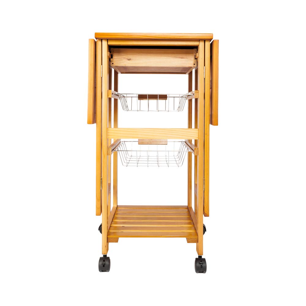 Portable Rolling Drop Leaf Kitchen Cart - Expandable Storage Trolley with Wheels, Sapele Wood Finish - Perfect for Small Kitchens, Dining Rooms & Mobile Serving Stations